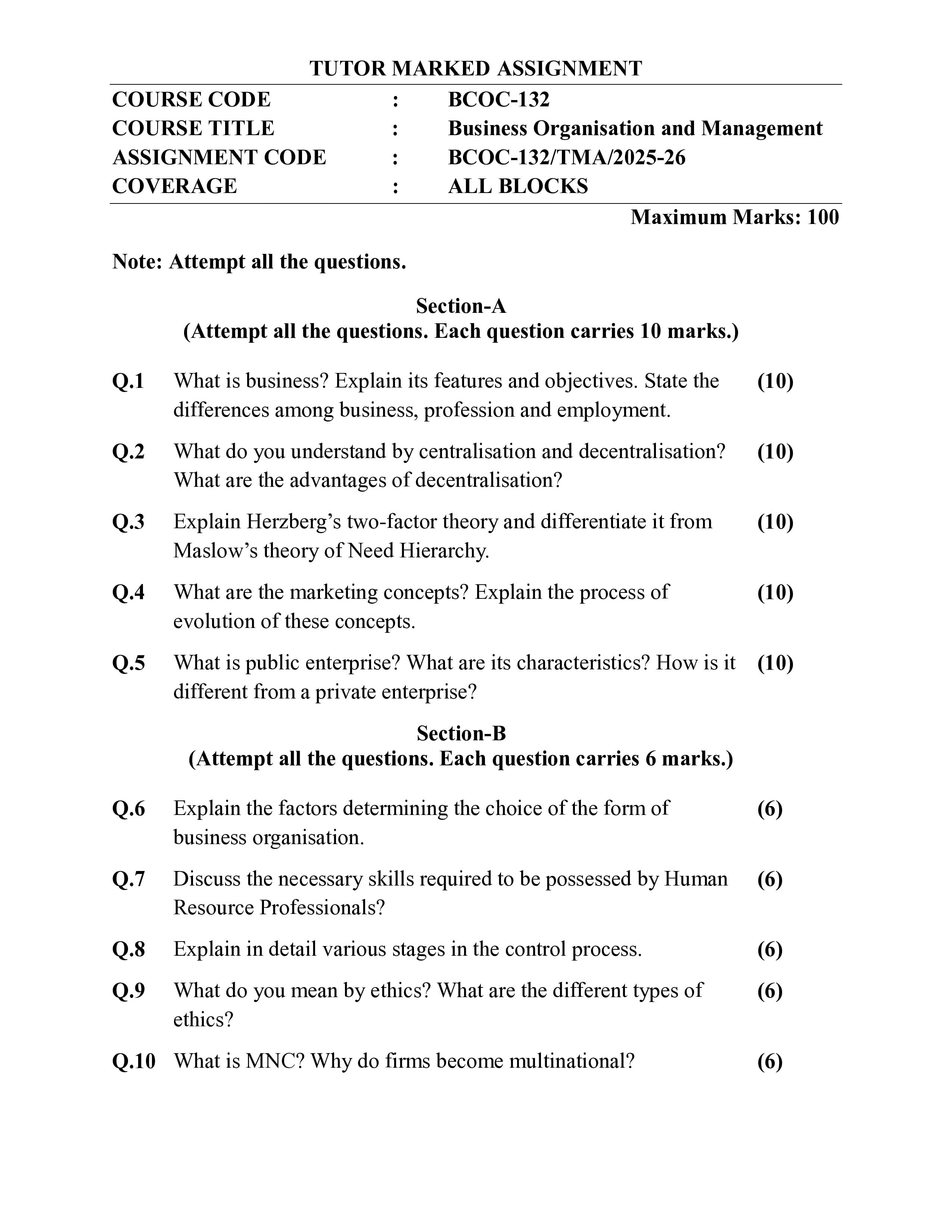 IGNOU BCOC 132 Handwritten Hardcopy Assignment 2025-2026 (English Medium)