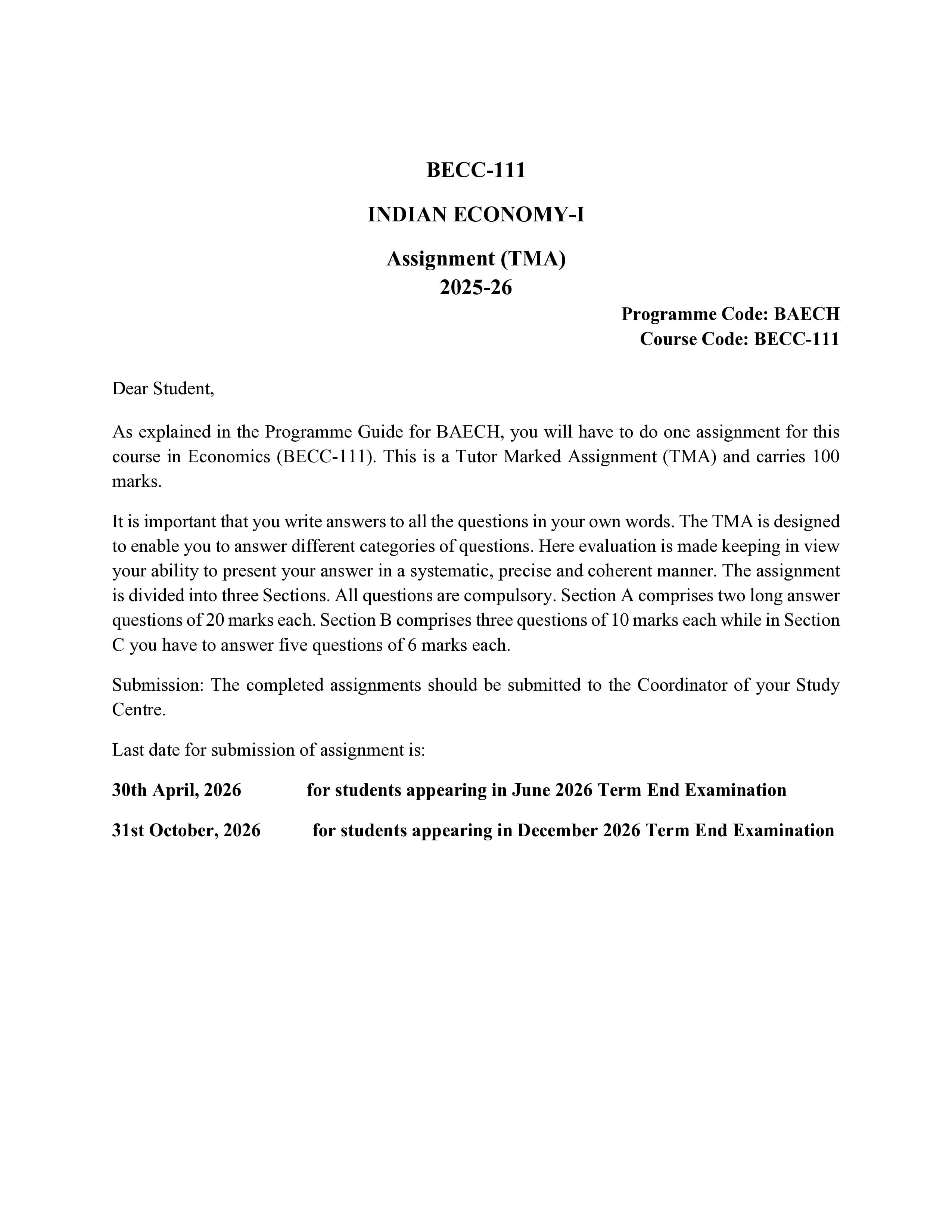 IGNOU BECC 111 Handwritten Hardcopy Assignment 2025-2026 (English Medium)