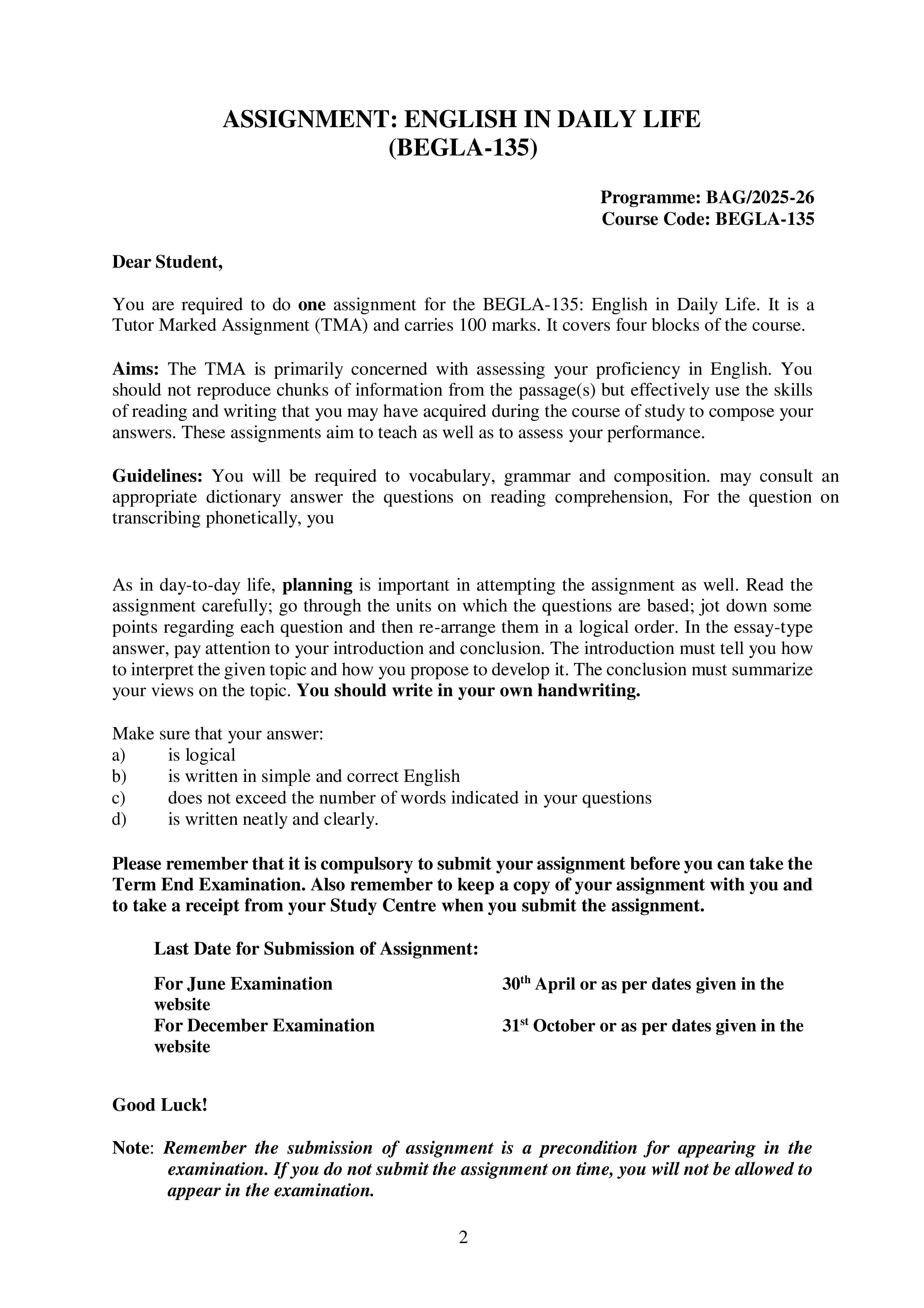 IGNOU BEGLA 135 Handwritten Hardcopy Assignment 2025-2026 (English Medium)