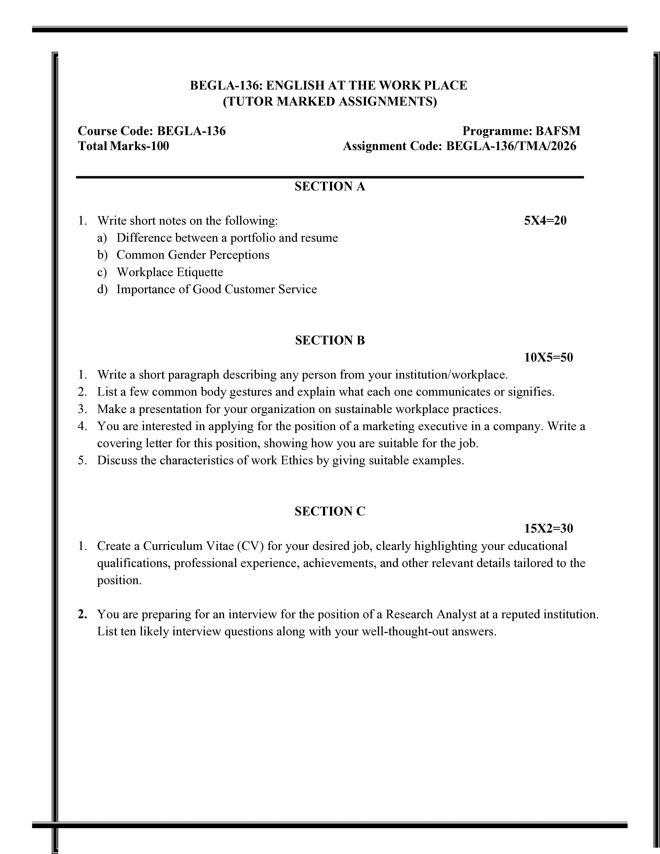 IGNOU BEGLA 136 Handwritten Hardcopy Assignment 2026-26 (English Medium)