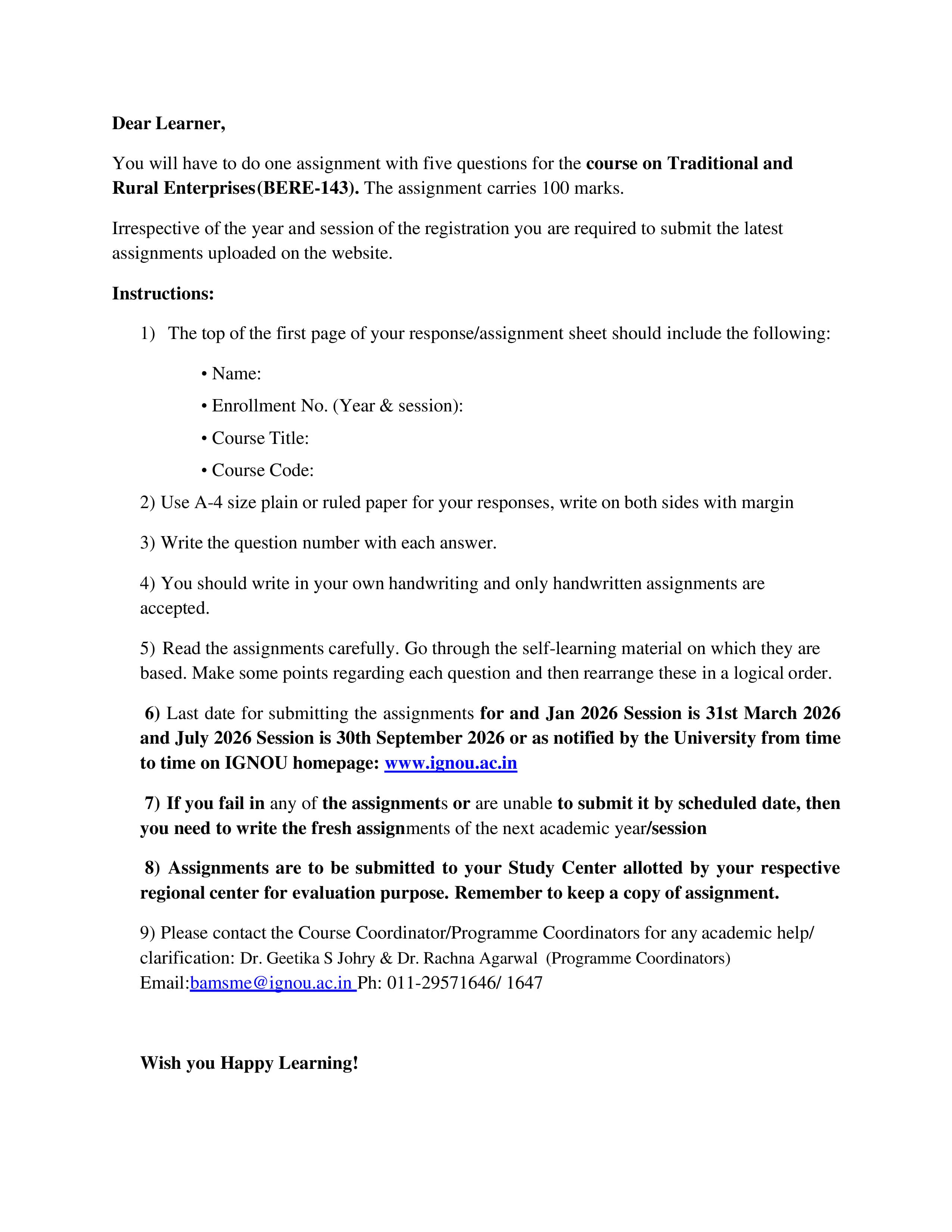 IGNOU BERE 143 Handwritten Hardcopy Assignment 2026-26 (English Medium)