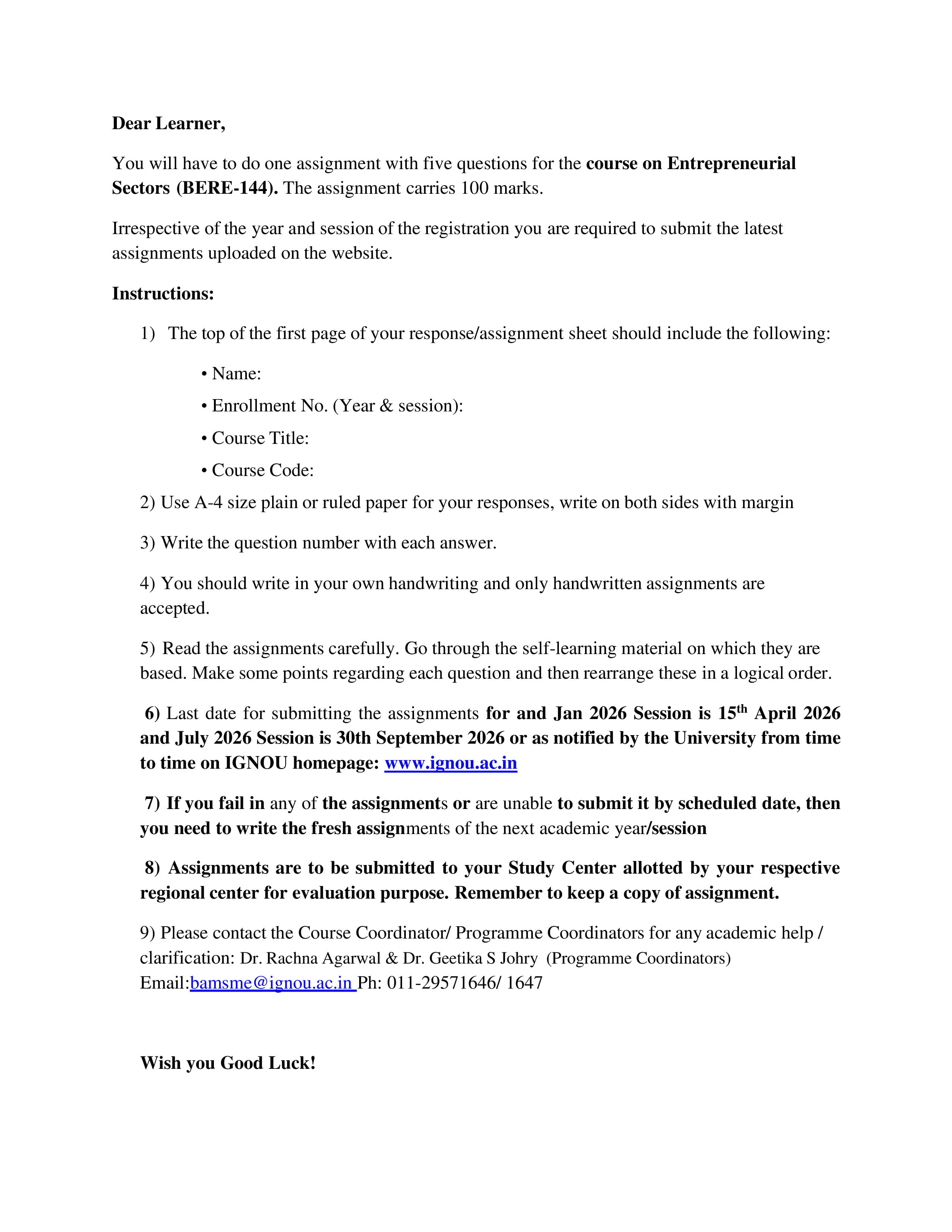 IGNOU BERE 144 Handwritten Hardcopy Assignment 2026-26 (English Medium)