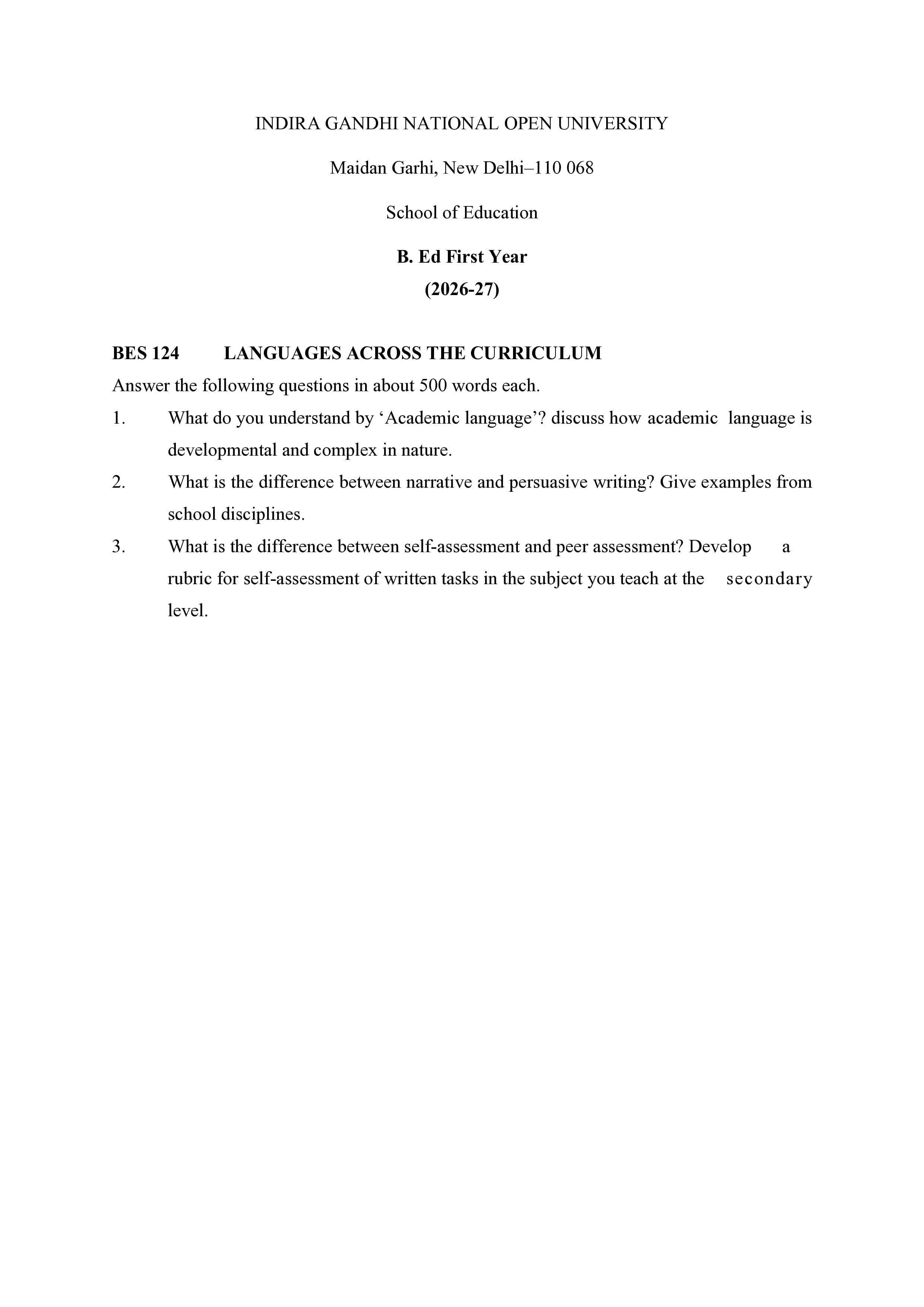 IGNOU BES 124 Handwritten Hardcopy Assignment 2026-26 (English Medium)