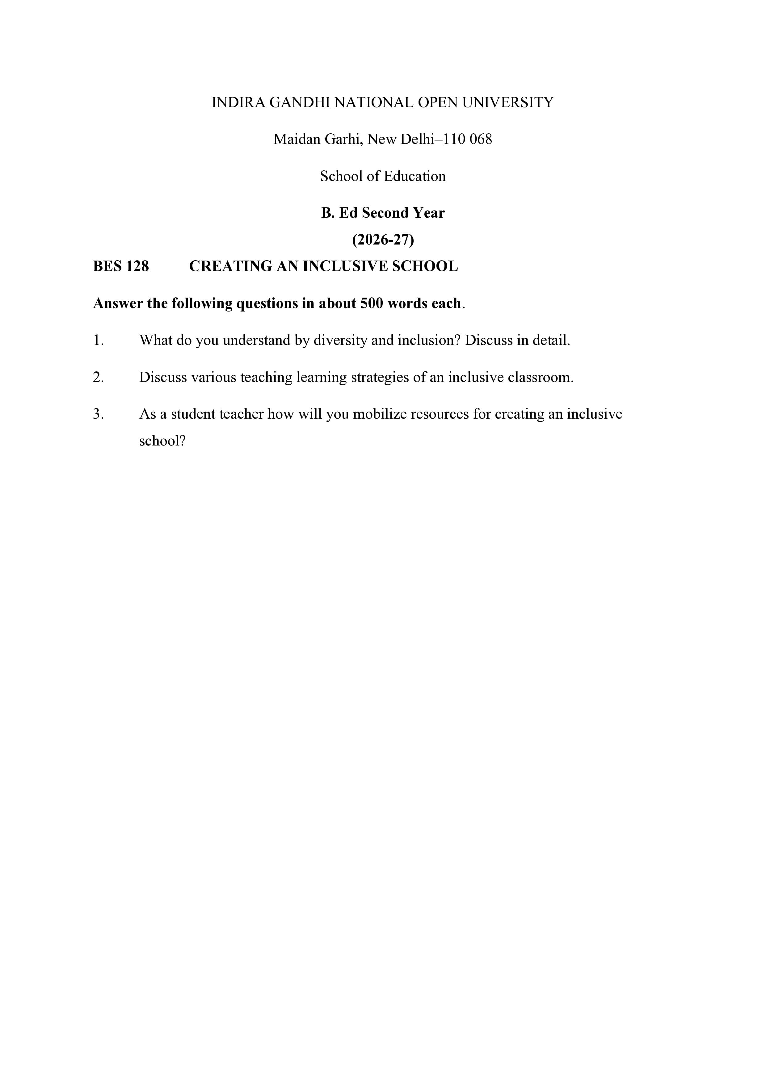 IGNOU BES 128 Handwritten Hardcopy Assignment 2026-26 (English Medium)