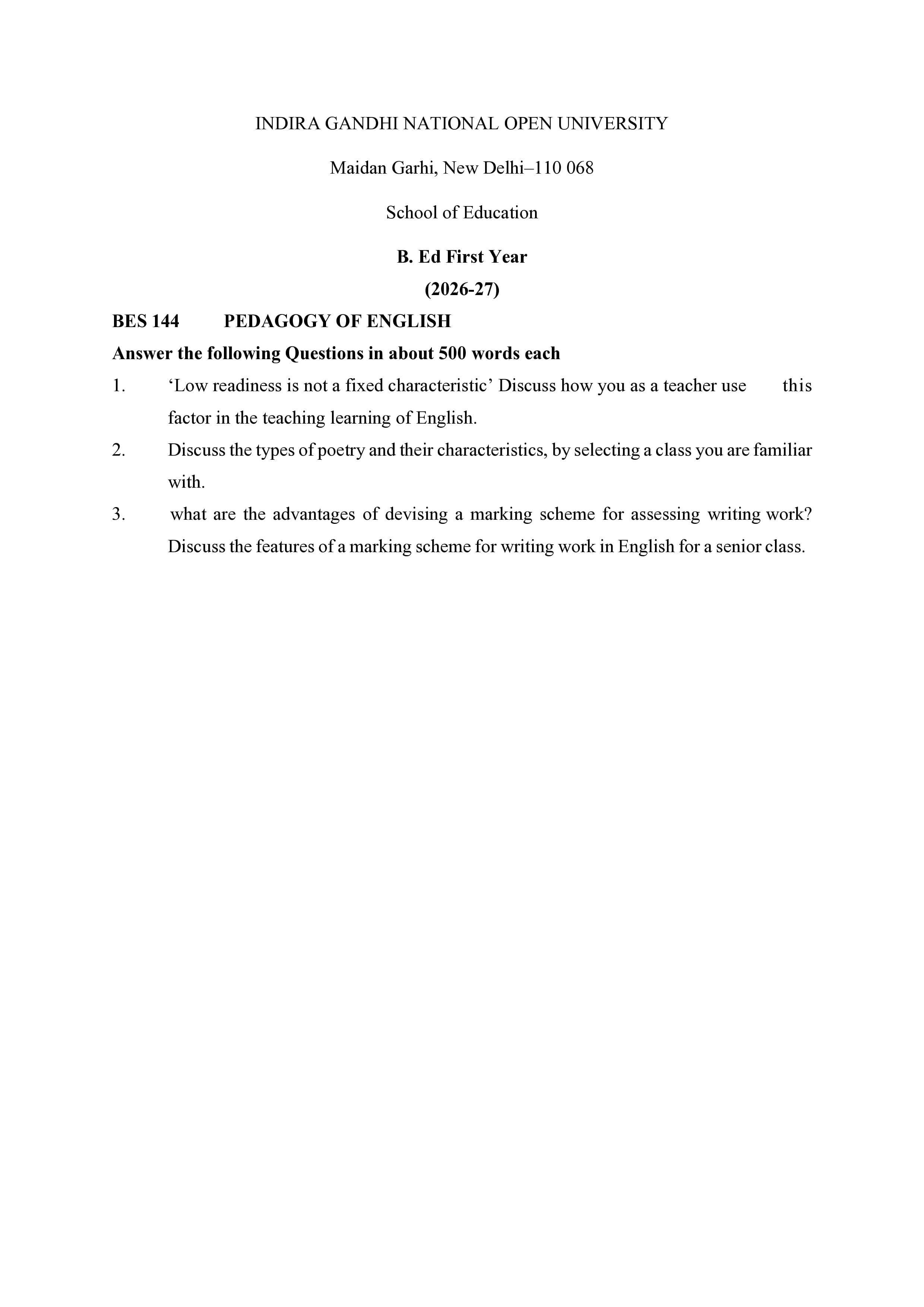 IGNOU BES 144 Handwritten Hardcopy Assignment 2026-26 (English Medium)