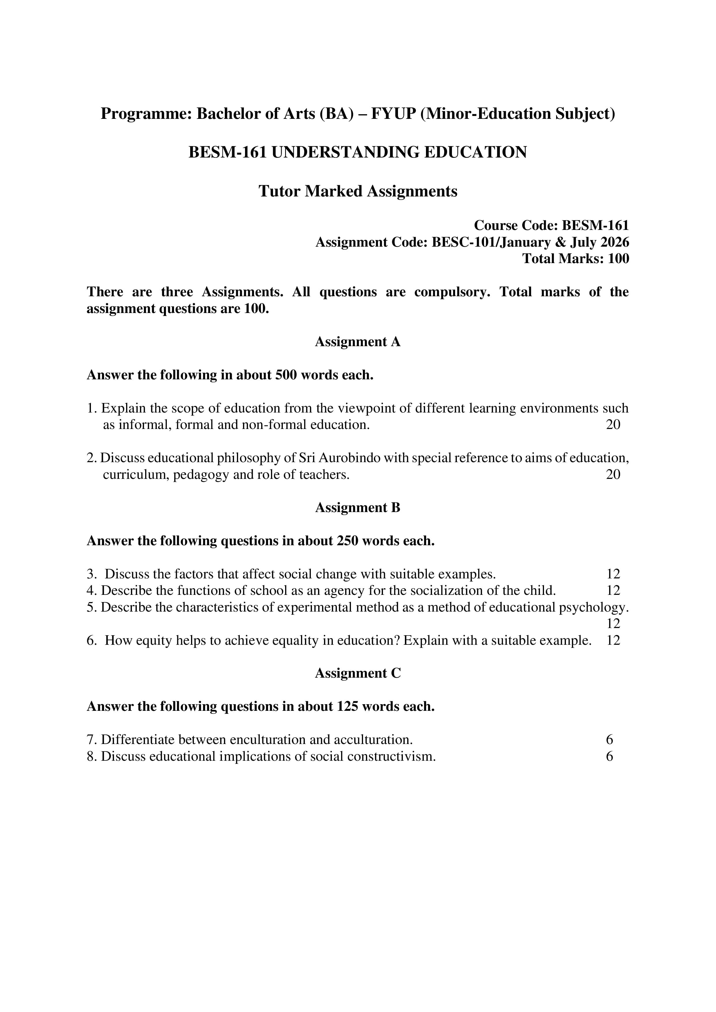 IGNOU BESM 161 Handwritten Hardcopy Assignment 2026-26 (English Medium)