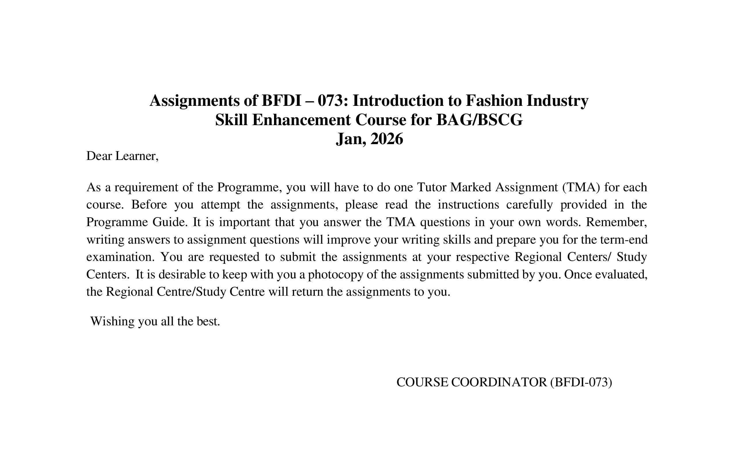 IGNOU BFDI 073 Handwritten Hardcopy Assignment 2026-26 (English Medium)