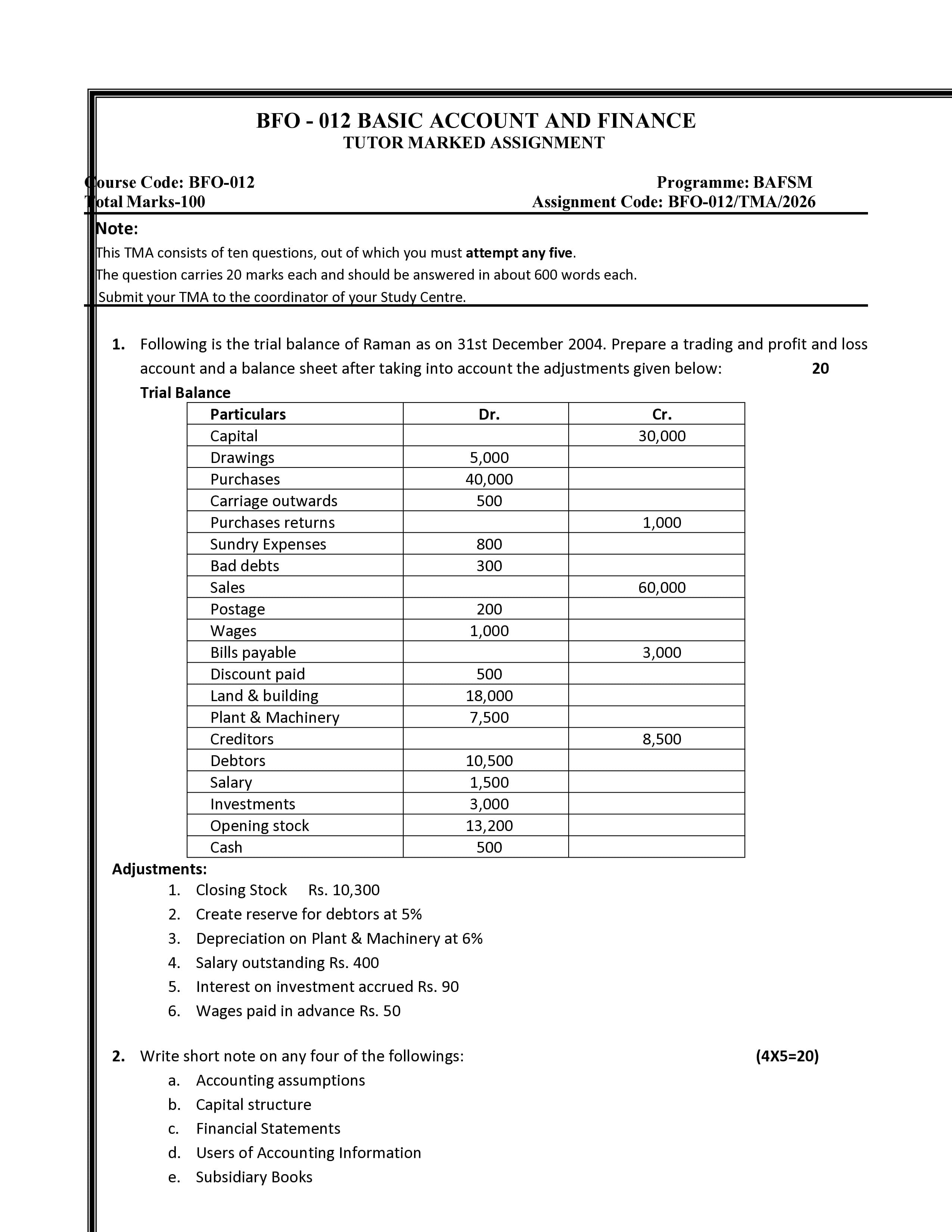 IGNOU BFO 012 Handwritten Hardcopy Assignment 2026-26 (English Medium)