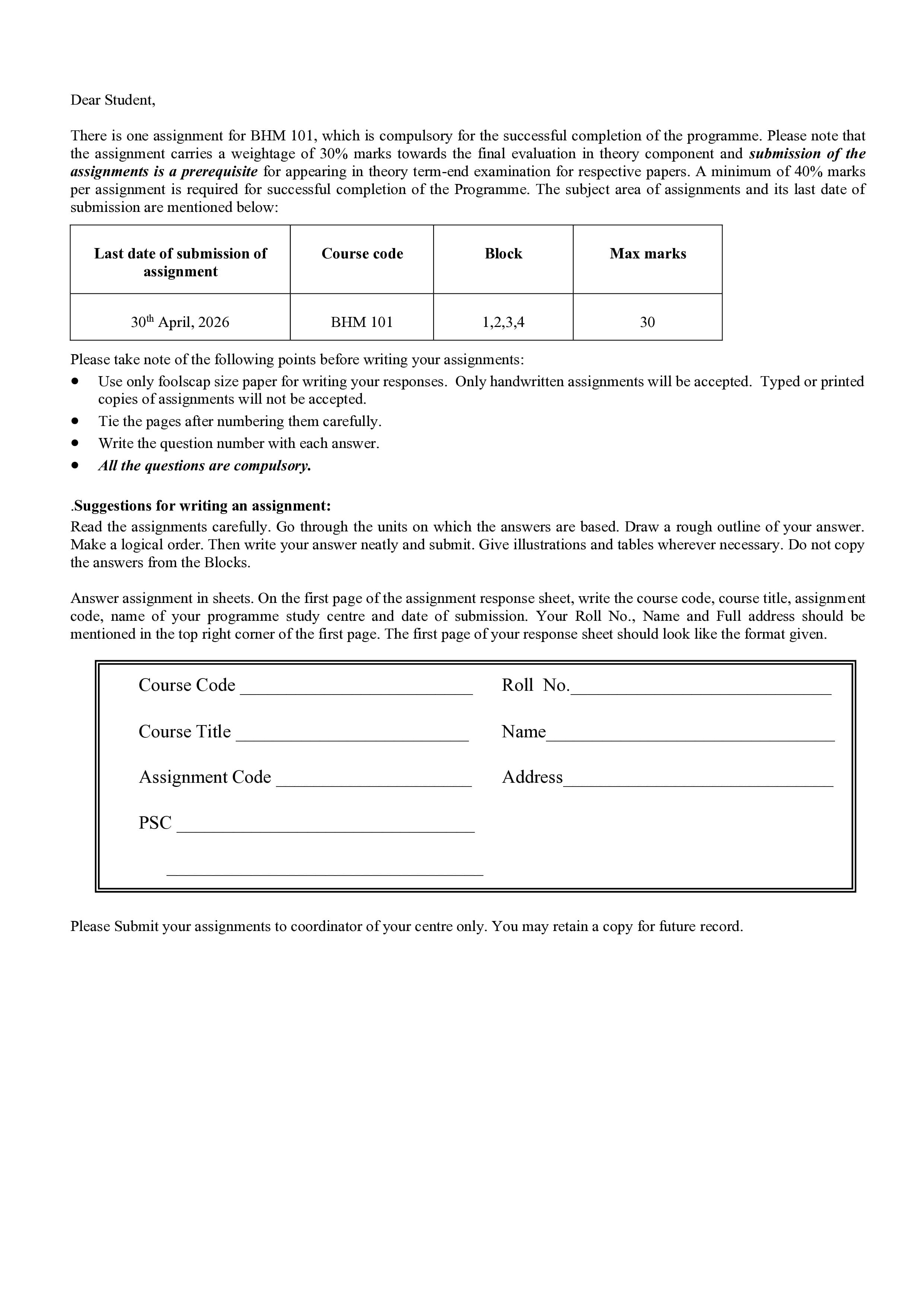 IGNOU BHM 101 Handwritten Hardcopy Assignment 2026-26 (English Medium)