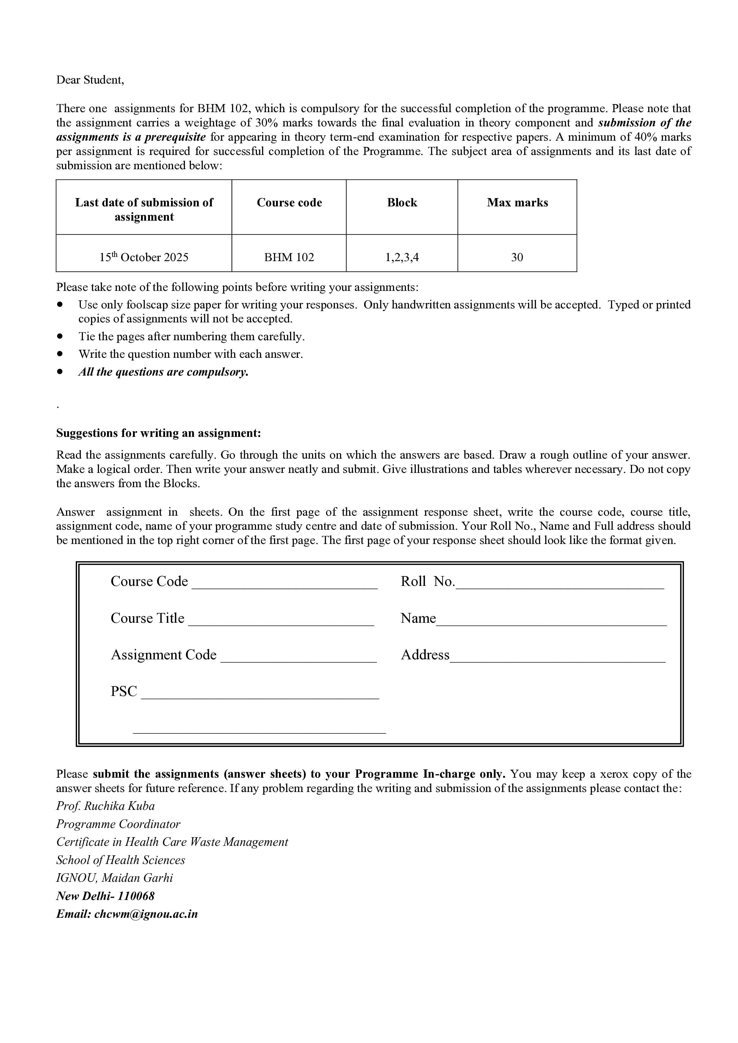 IGNOU BHM 102 Handwritten Hardcopy Assignment 2025-25 (English Medium)