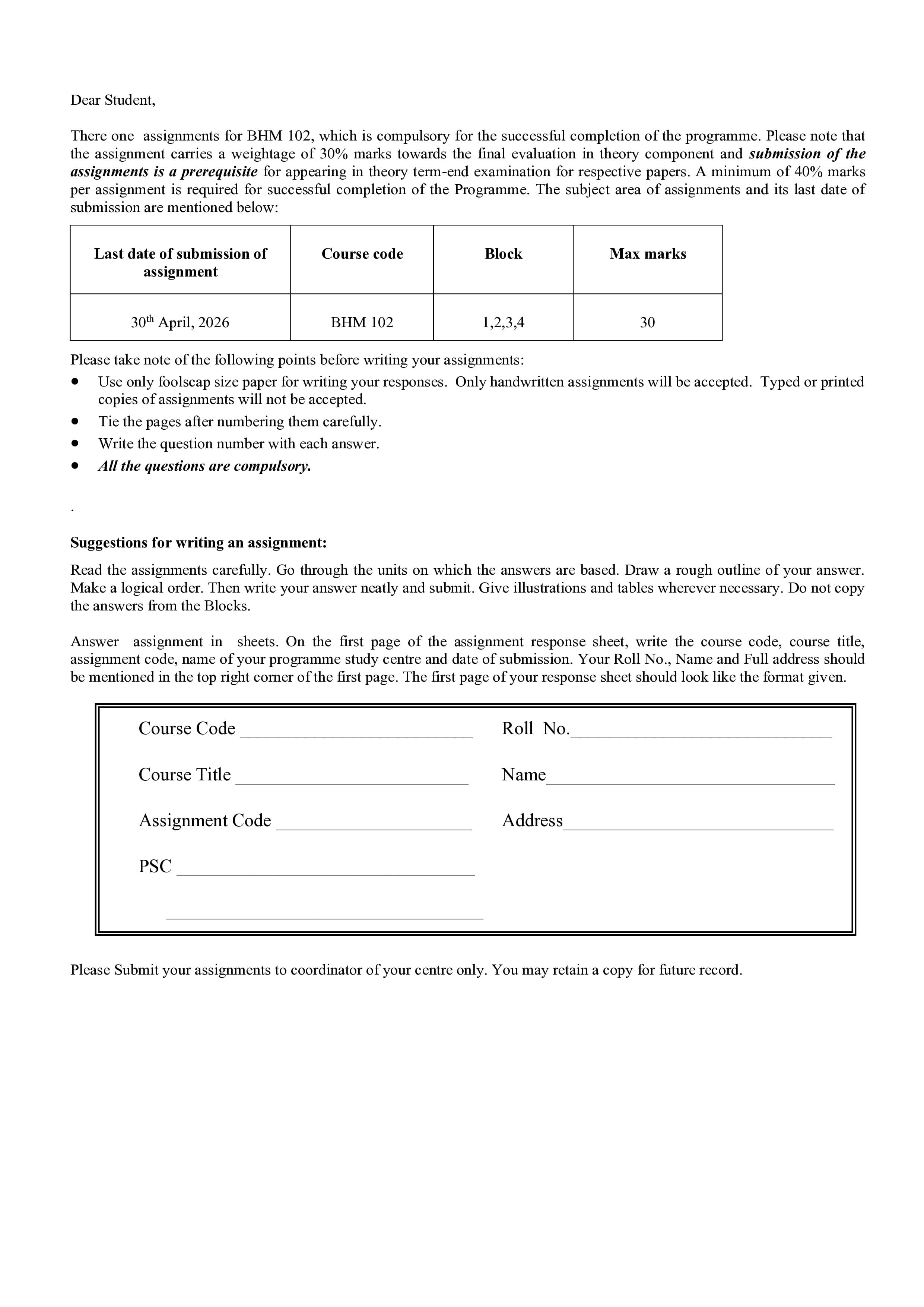 IGNOU BHM 102 Handwritten Hardcopy Assignment 2026-26 (English Medium)