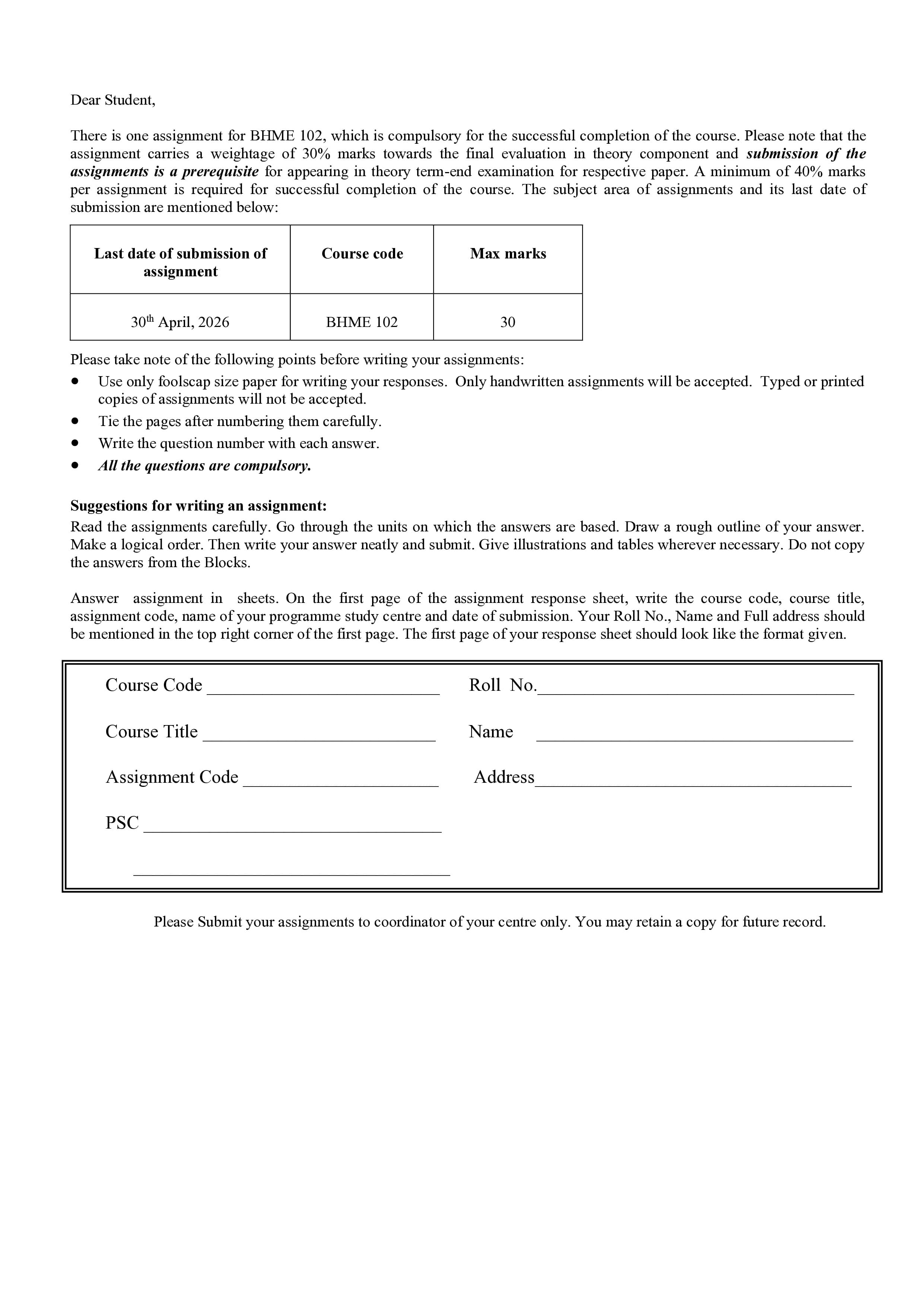 IGNOU BHME 102 Handwritten Hardcopy Assignment 2026-26 (English Medium)