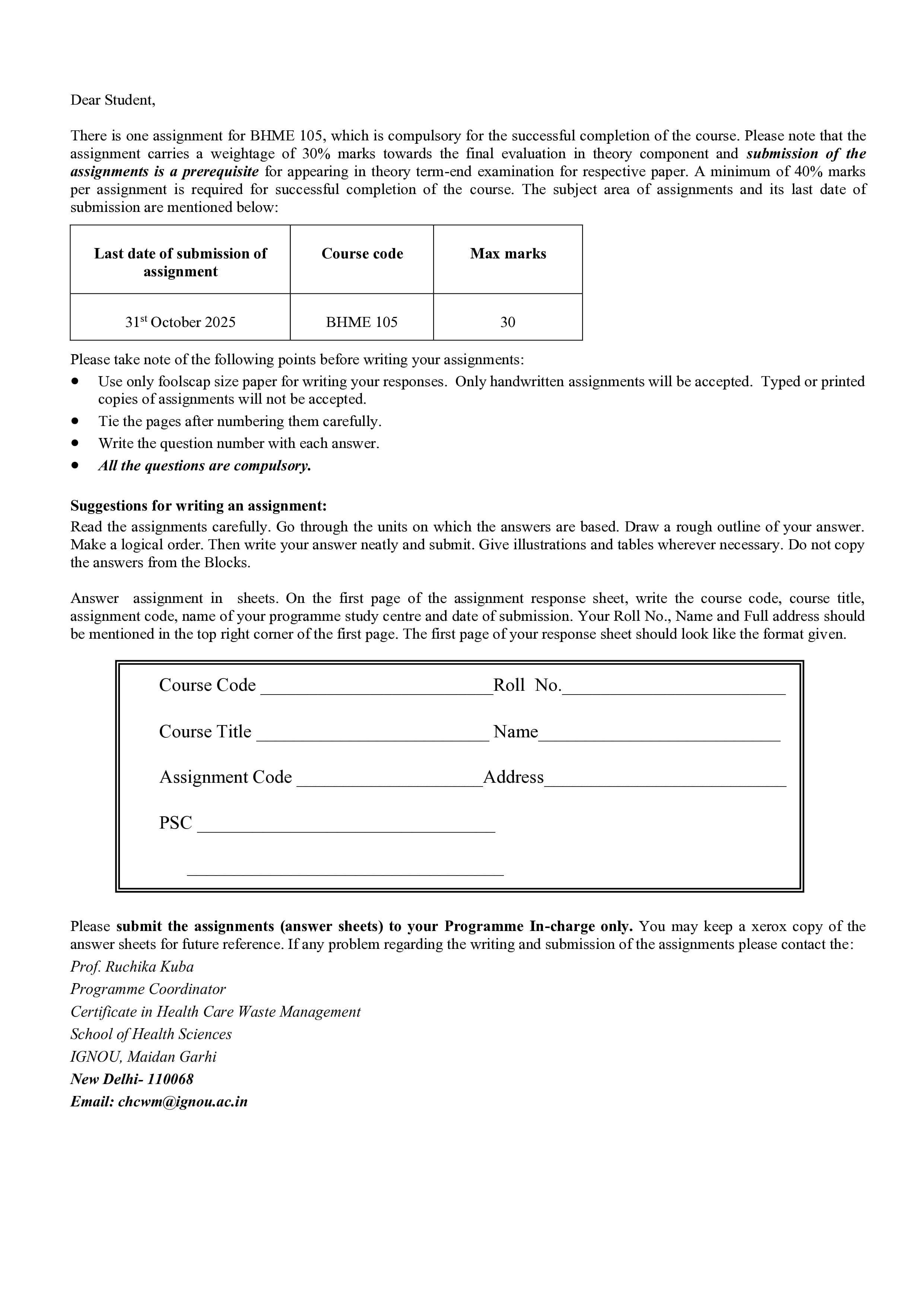 IGNOU BHME 105 Handwritten Hardcopy Assignment 2025-25 (English Medium)