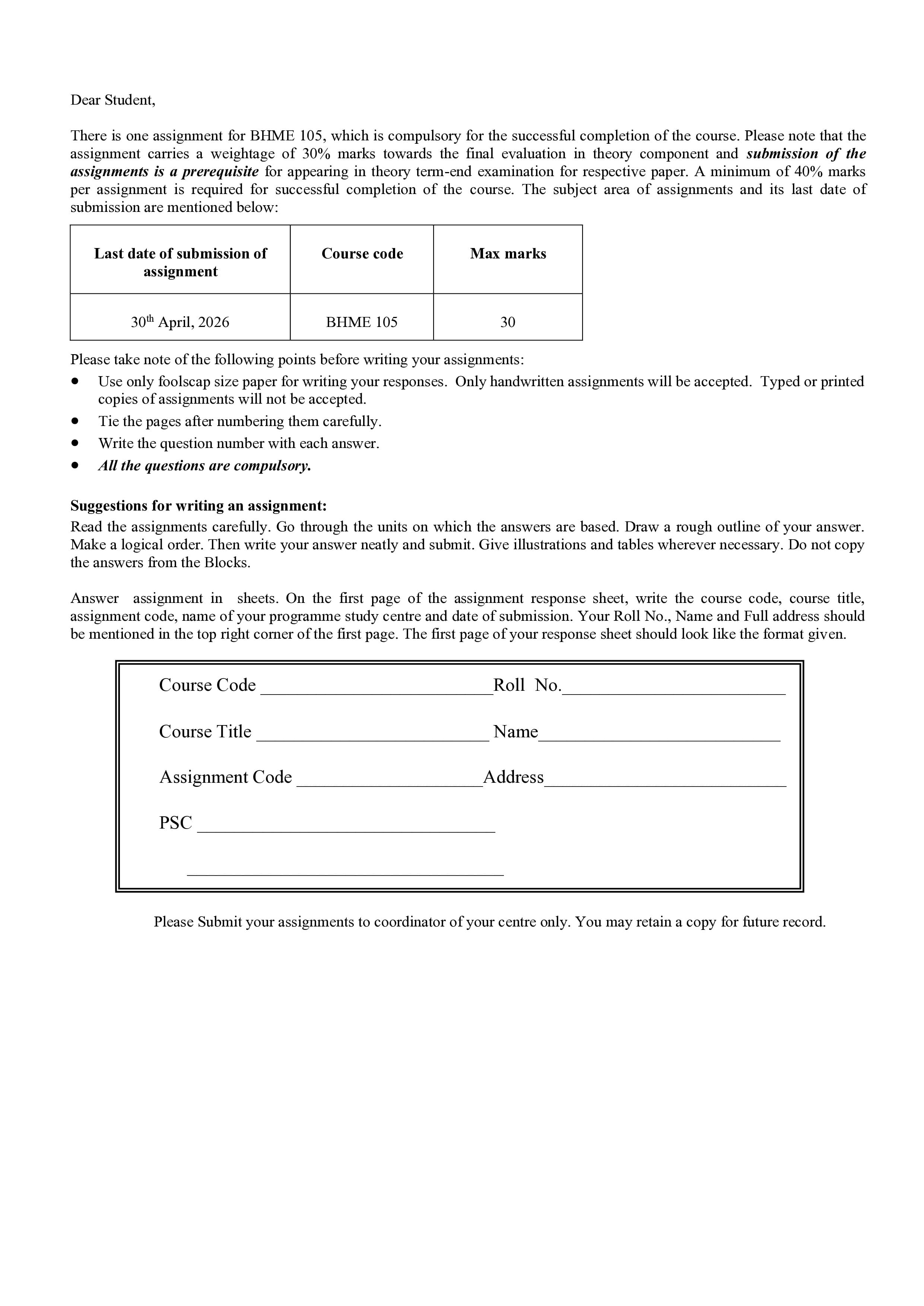 IGNOU BHME 105 Handwritten Hardcopy Assignment 2026-26 (English Medium)