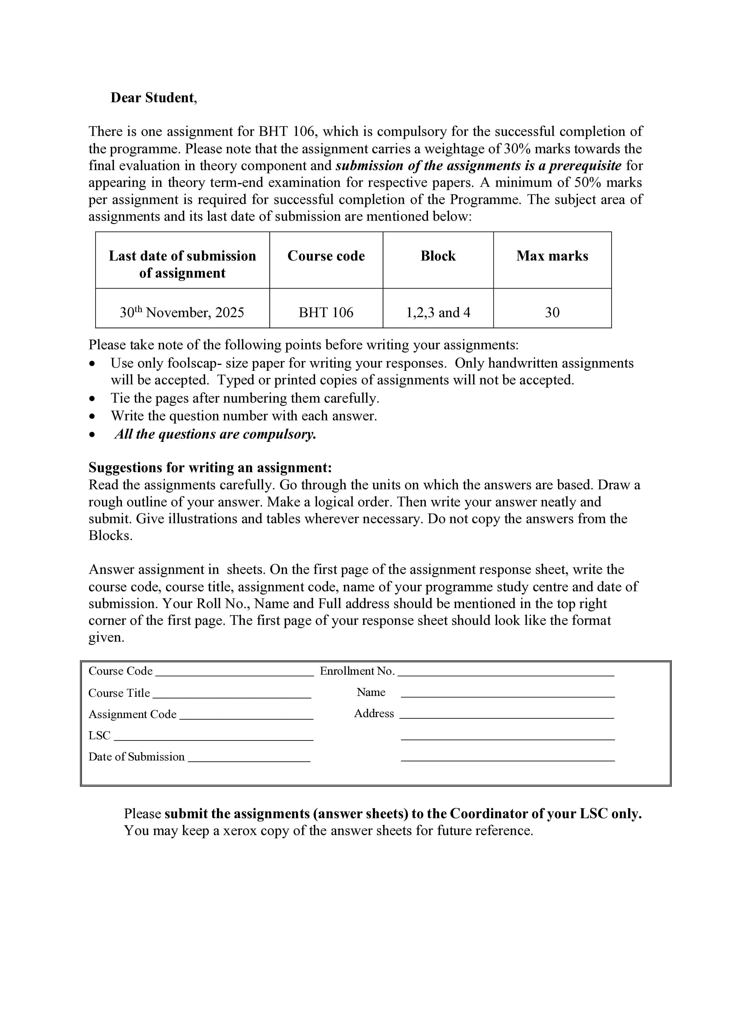 IGNOU BHT 106 Handwritten Hardcopy Assignment 2025-2026 (English Medium)