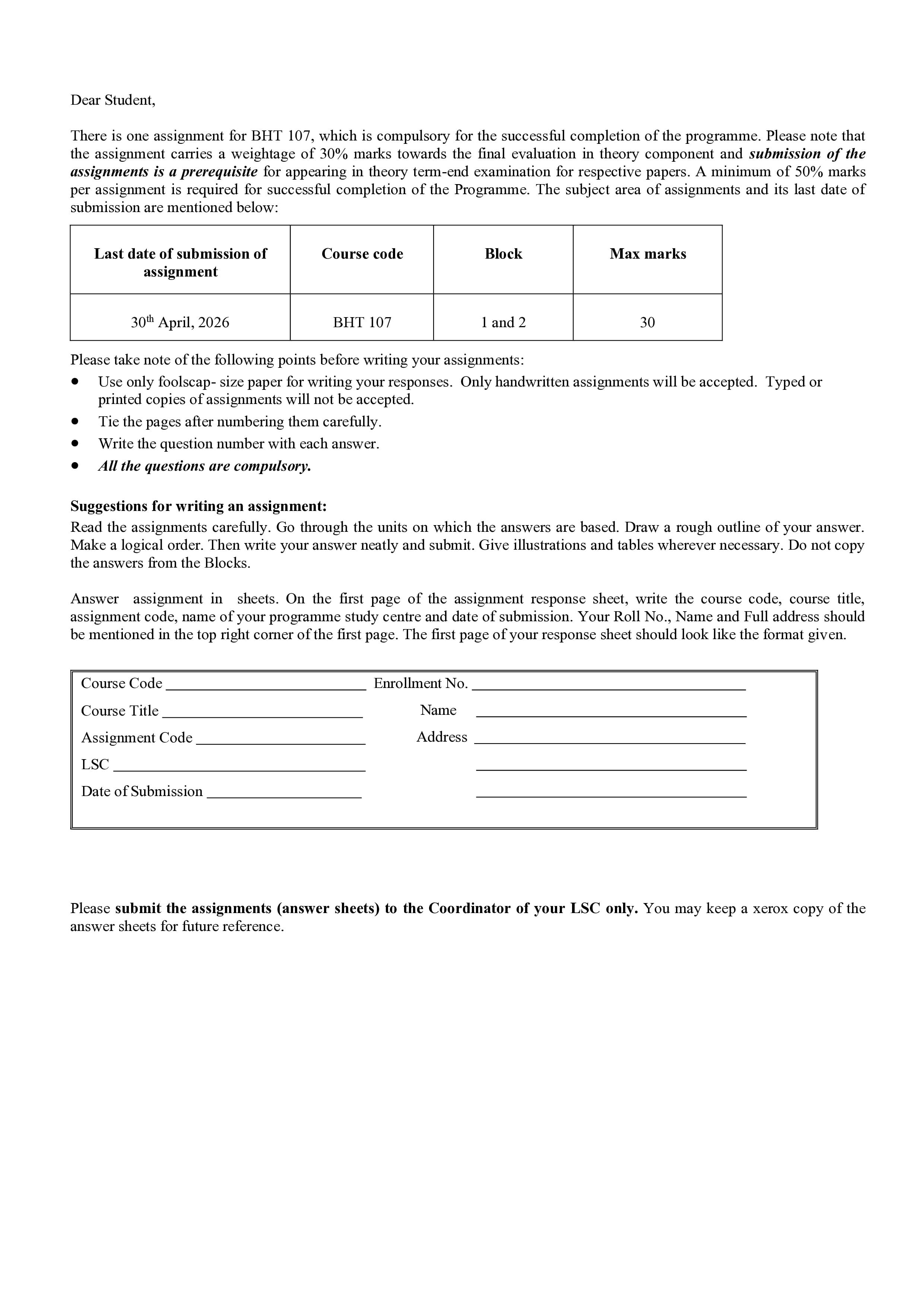 IGNOU BHT 106 Handwritten Hardcopy Assignment 2026-26 (English Medium)