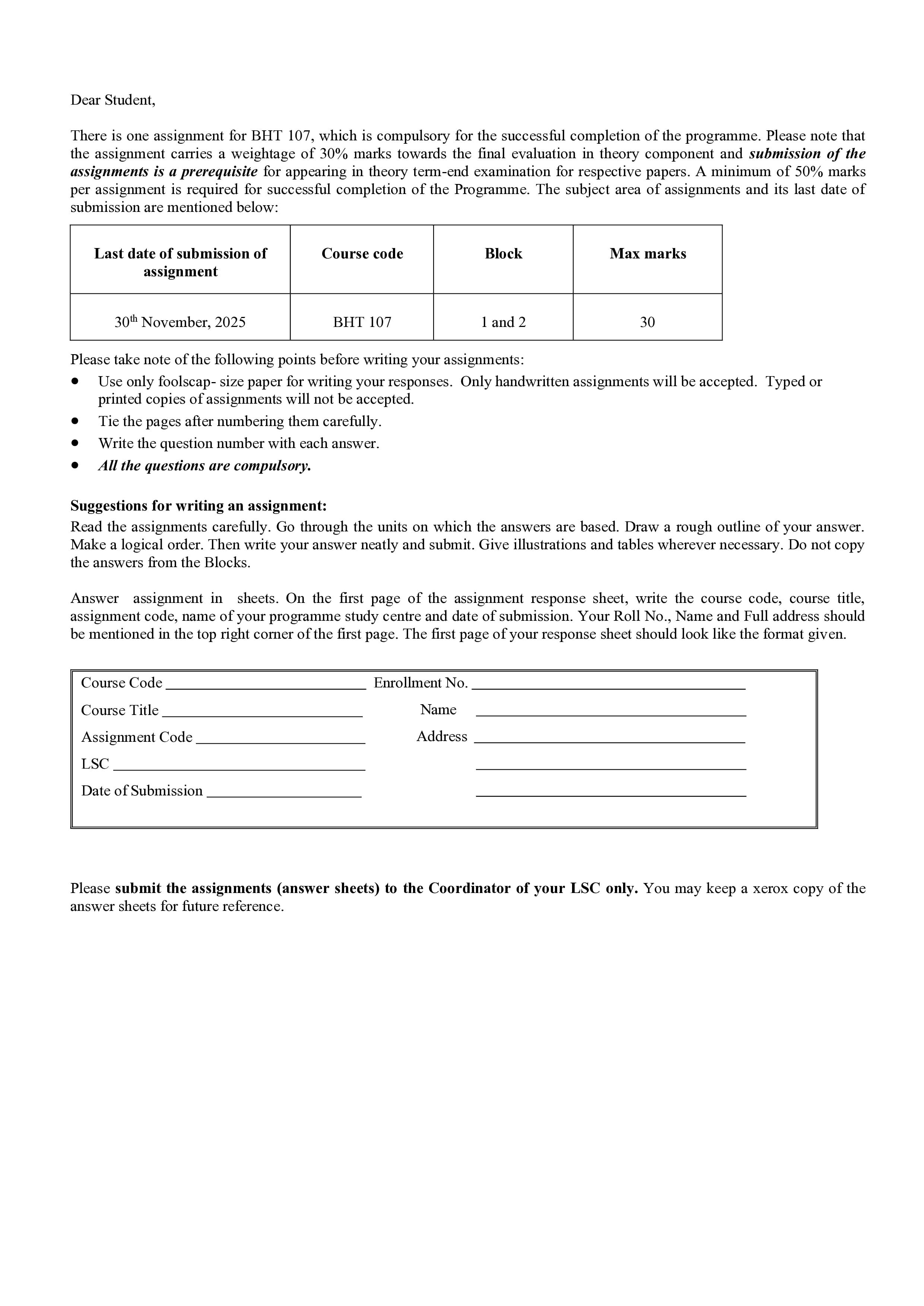 IGNOU BHT 107 Handwritten Hardcopy Assignment 2025-2026 (English Medium)