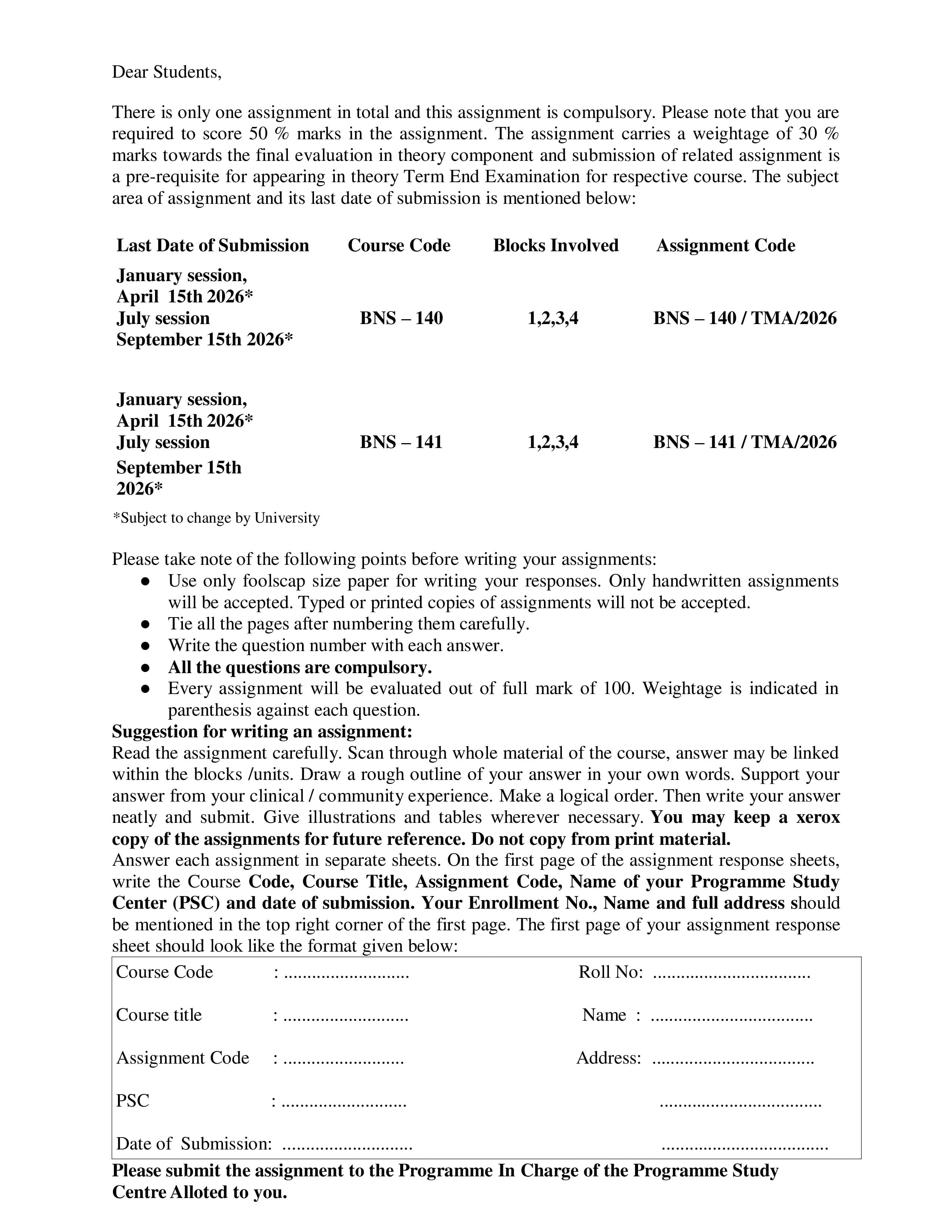 IGNOU BNS 141 Handwritten Hardcopy Assignment 2026-26 (English Medium)