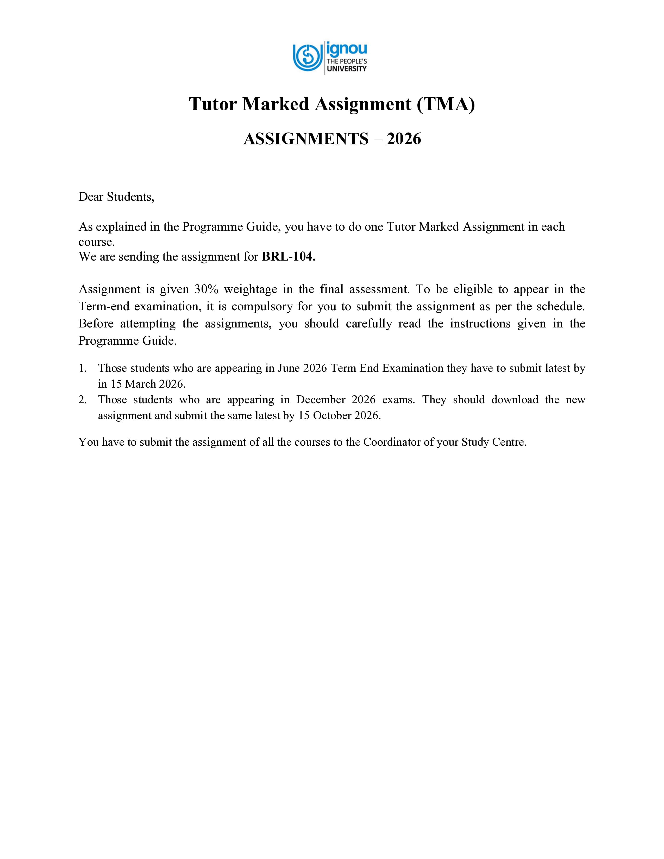 IGNOU BRL 104 Handwritten Hardcopy Assignment 2026-26 (English Medium)