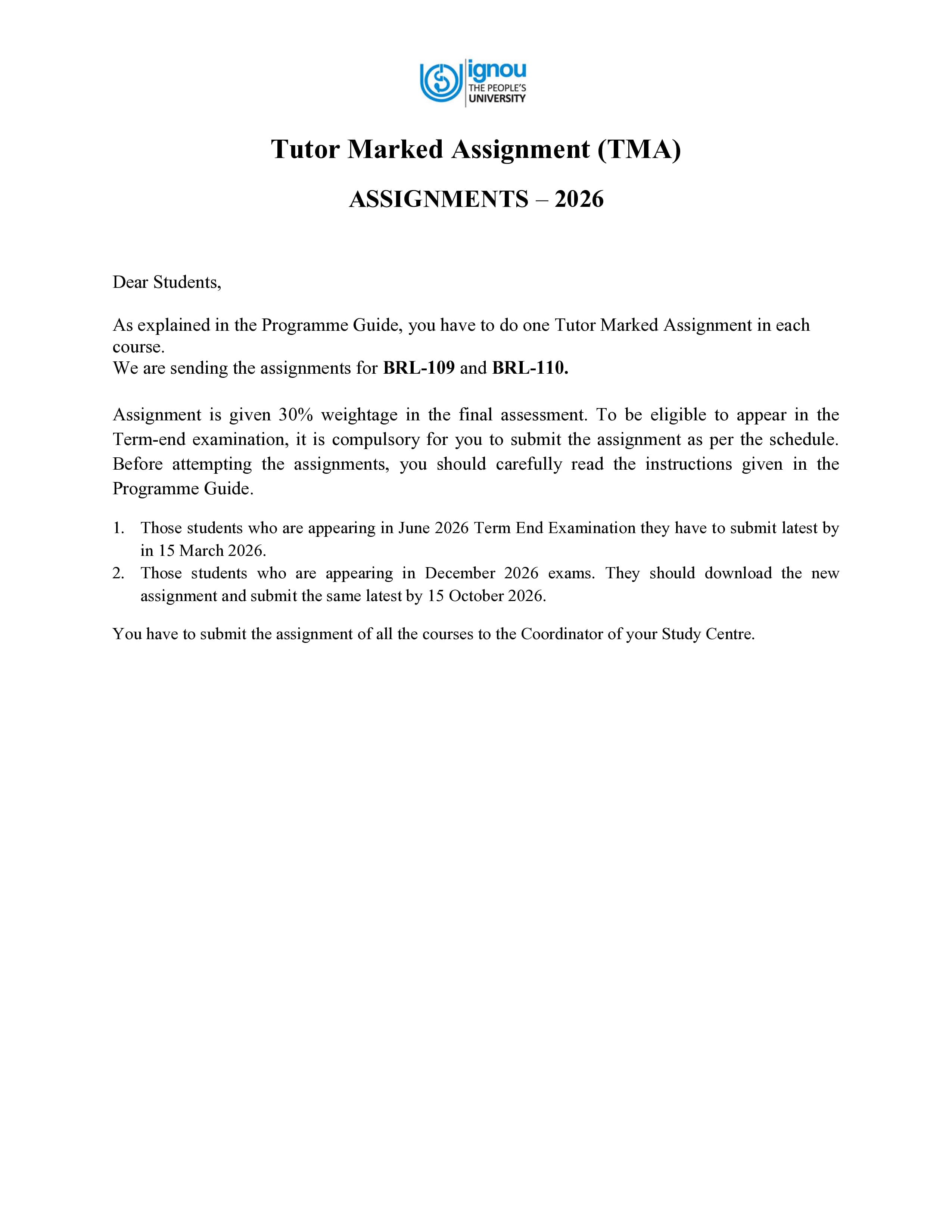 IGNOU BRL 109 Handwritten Hardcopy Assignment 2026-26 (English Medium)