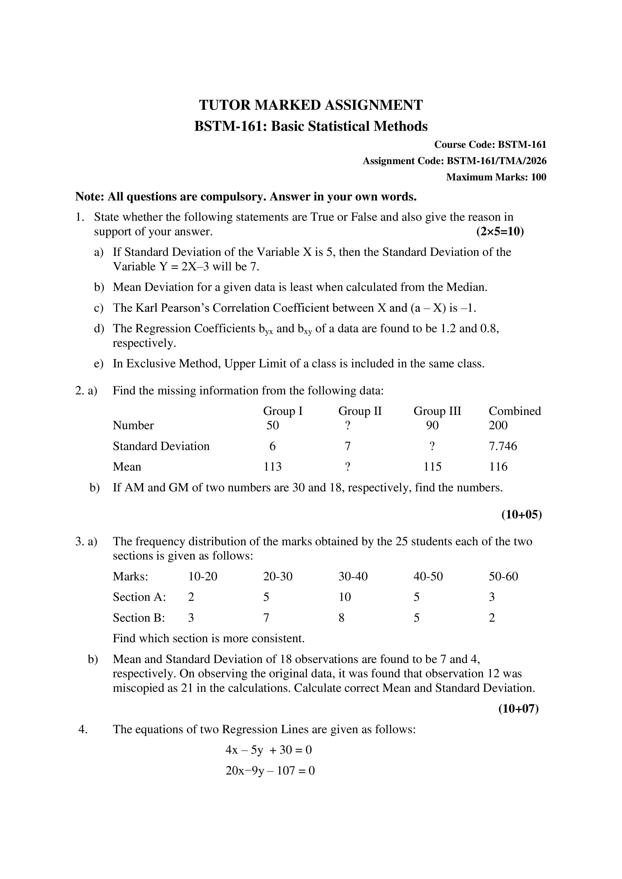 IGNOU BSTM 161 Handwritten Hardcopy Assignment 2026-26 (English Medium)