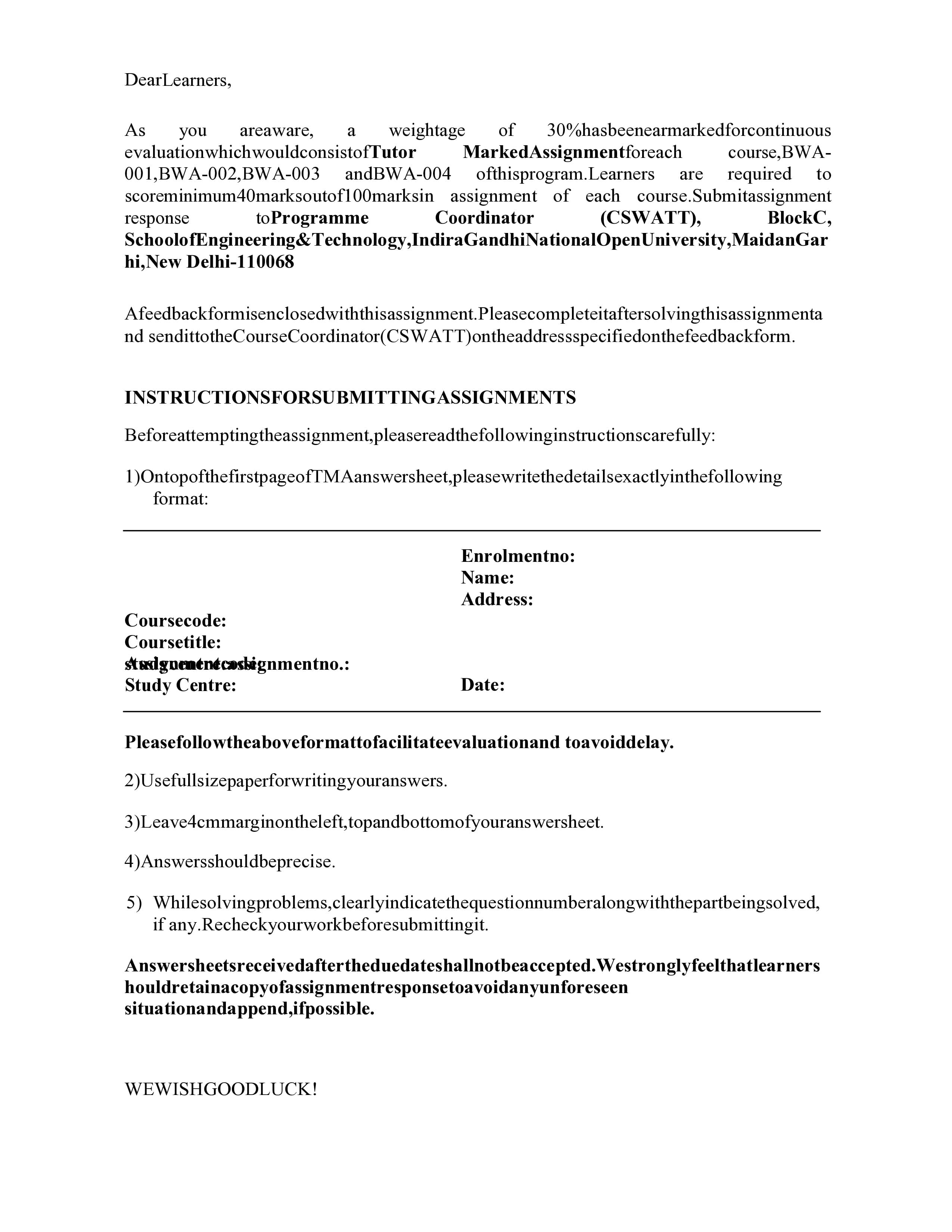 IGNOU BWA 004 Handwritten Hardcopy Assignment 2026-26 (English Medium)