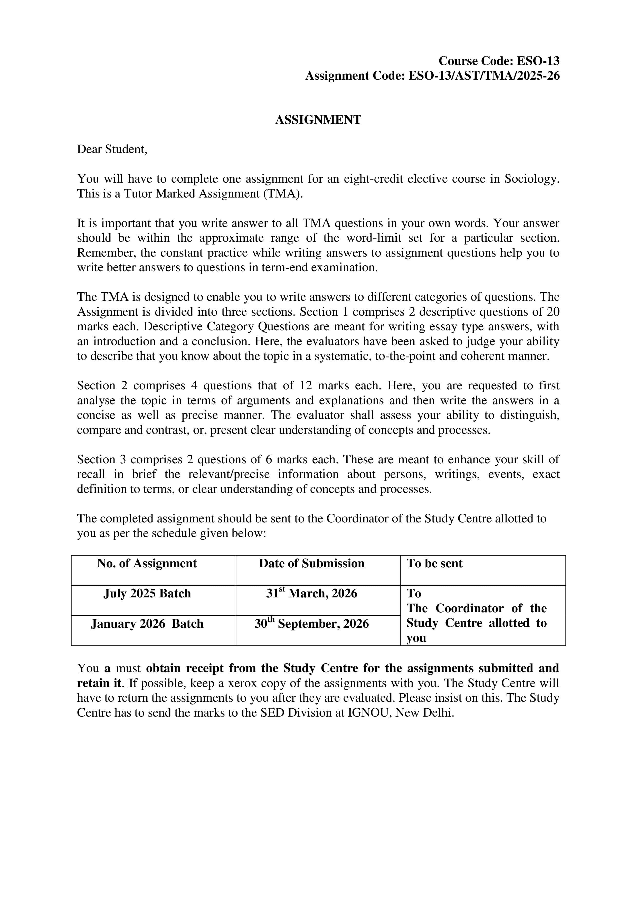 IGNOU ESO 013 Handwritten Hardcopy Assignment 2025-2026 (English Medium)