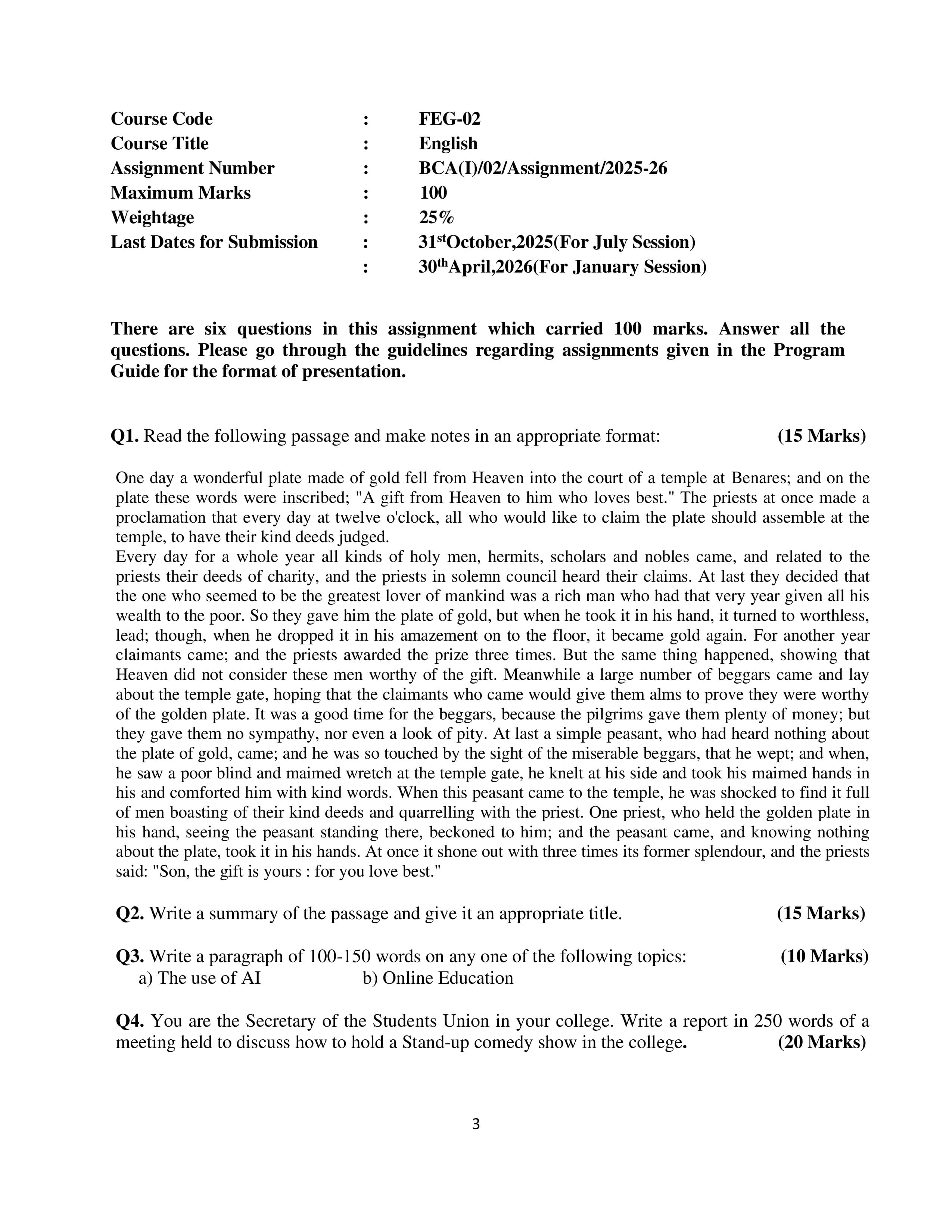 IGNOU FEG 002 Handwritten Hardcopy Assignment 2025-2026 (English Medium)