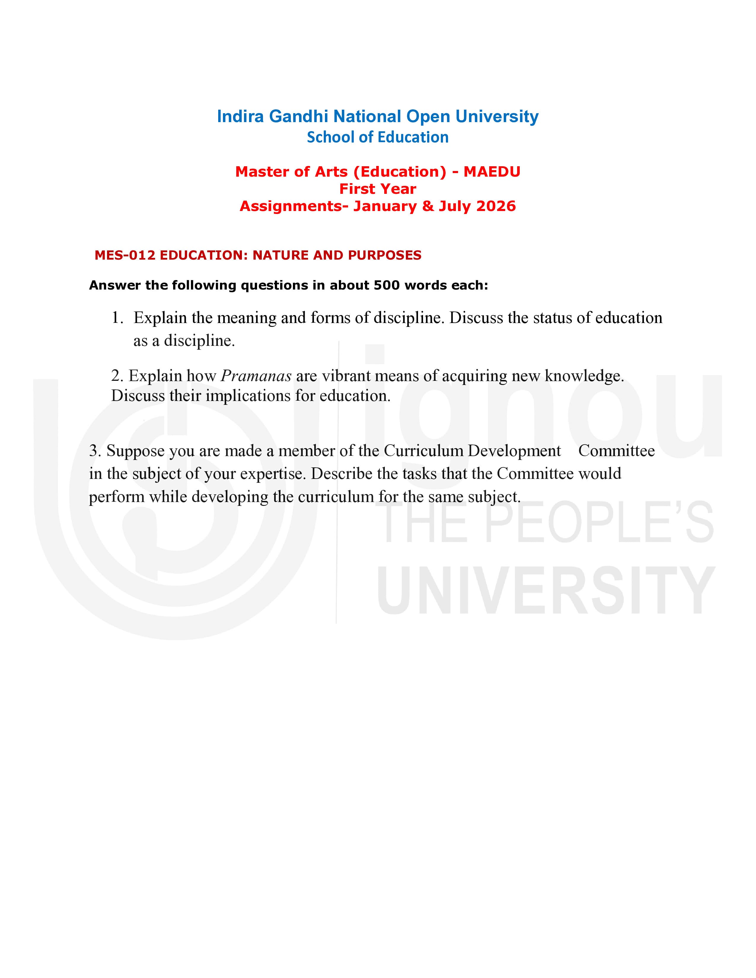IGNOU MES 012 Handwritten Hardcopy Assignment 2026-26 (English Medium)