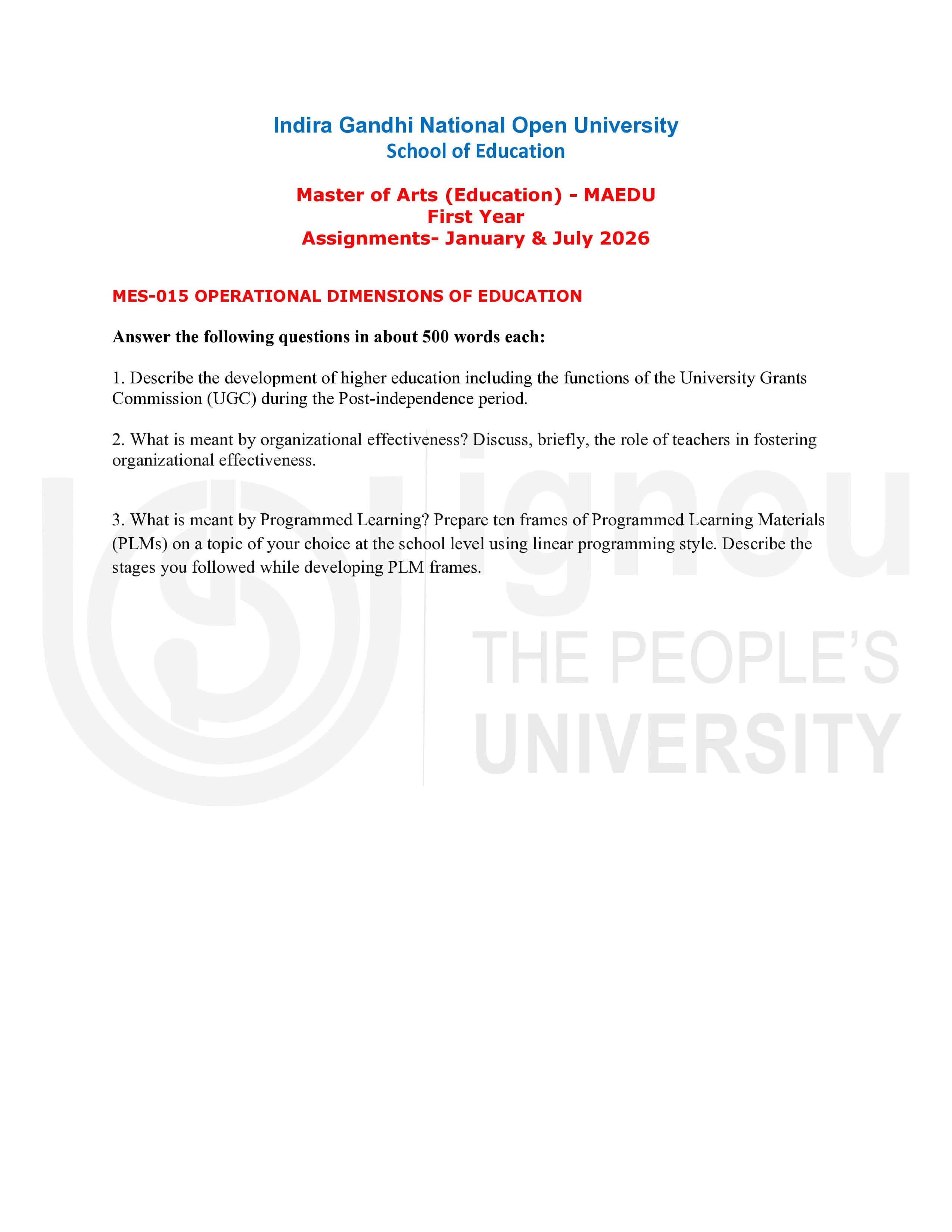 IGNOU MES 015 Handwritten Hardcopy Assignment 2026-26 (English Medium)