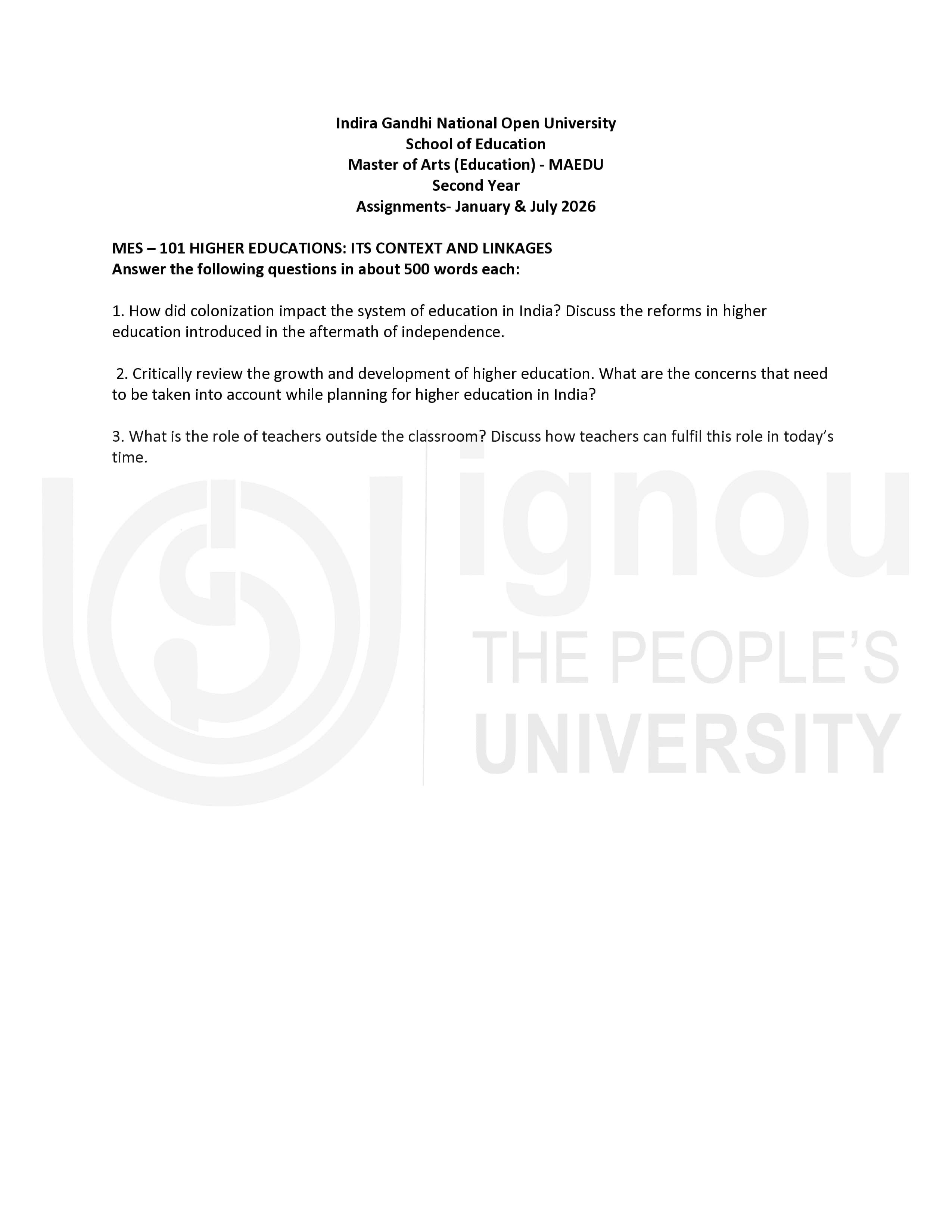 IGNOU MES 101 Handwritten Hardcopy Assignment 2026-26 (English Medium)