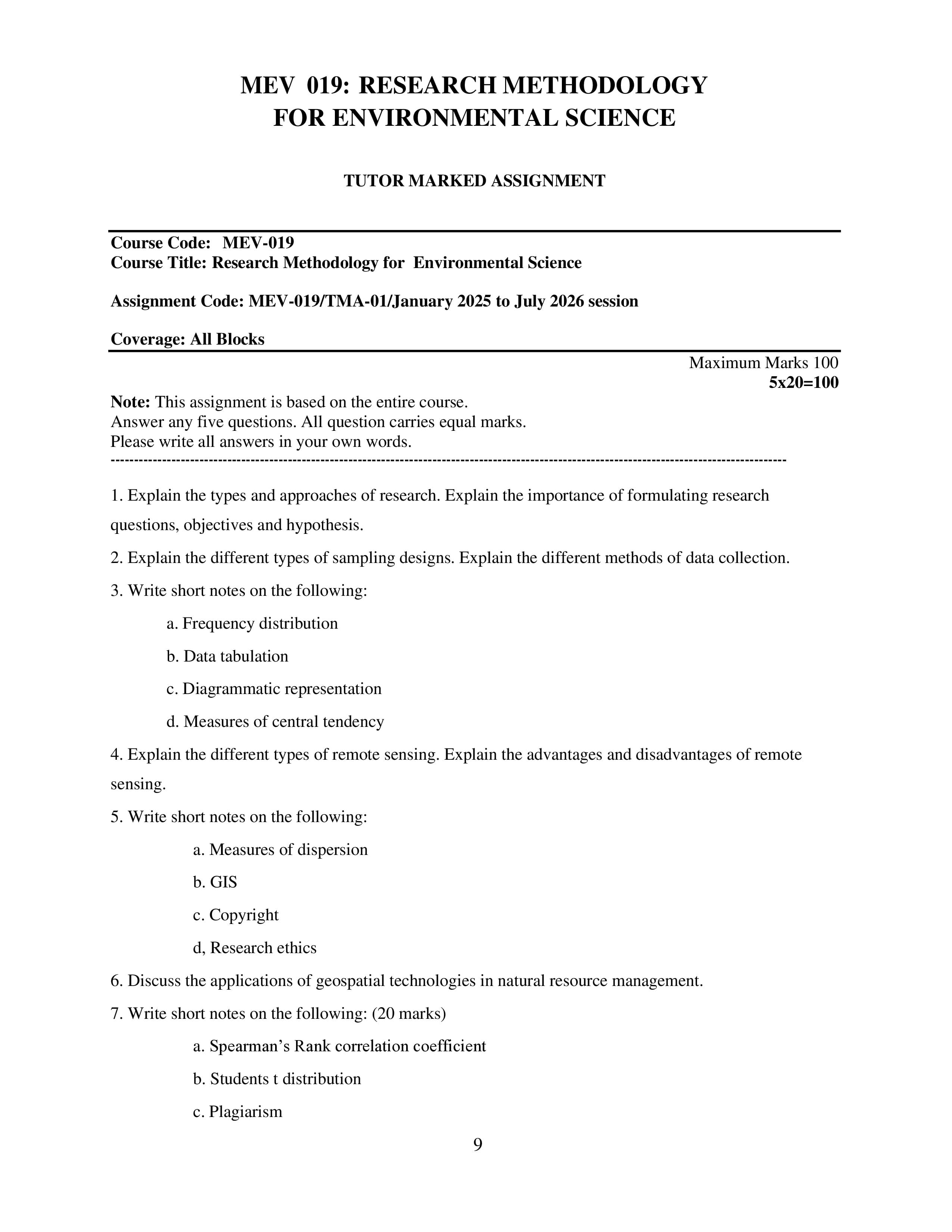 IGNOU MEV 019 Handwritten Hardcopy Assignment 2025-2026 (English Medium)