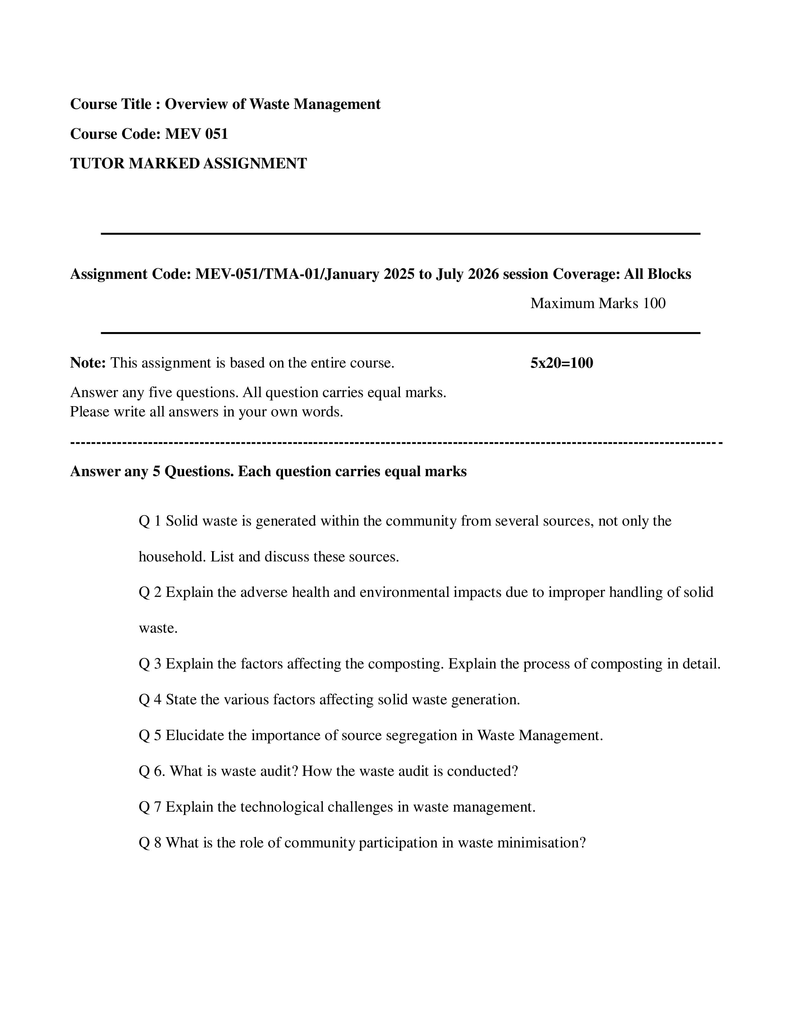 IGNOU MEV 051 Handwritten Hardcopy Assignment 2026-26 (English Medium)