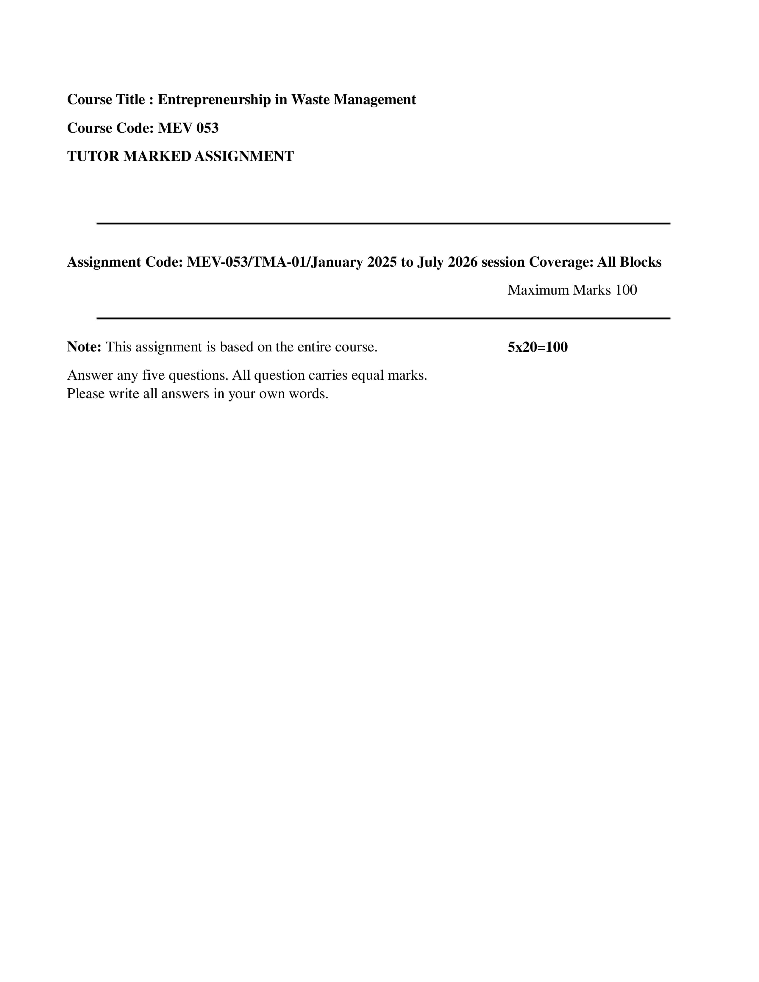 IGNOU MEV 053 Handwritten Hardcopy Assignment 2026-26 (English Medium)