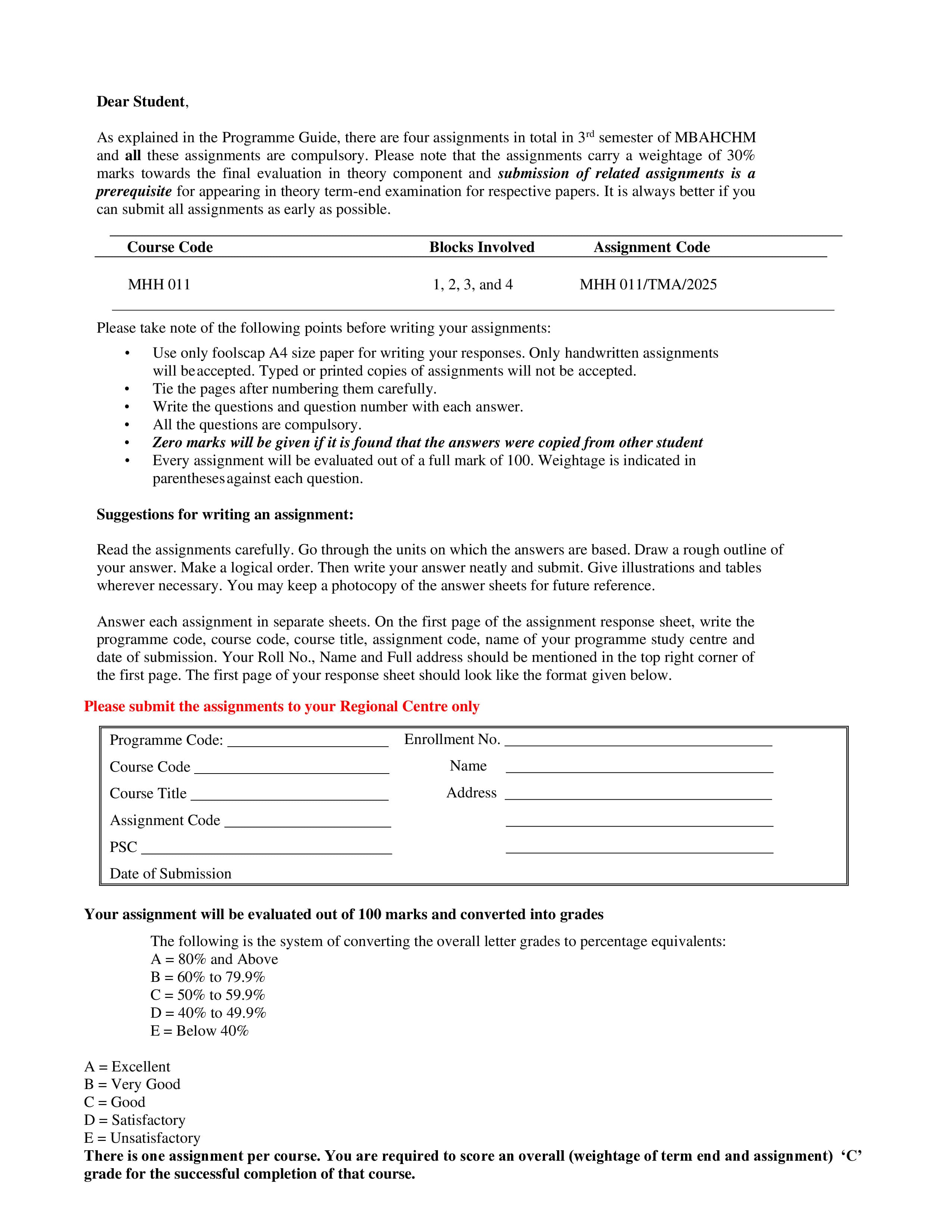 IGNOU MHH 011 Handwritten Hardcopy Assignment 2025-2026 (English Medium)