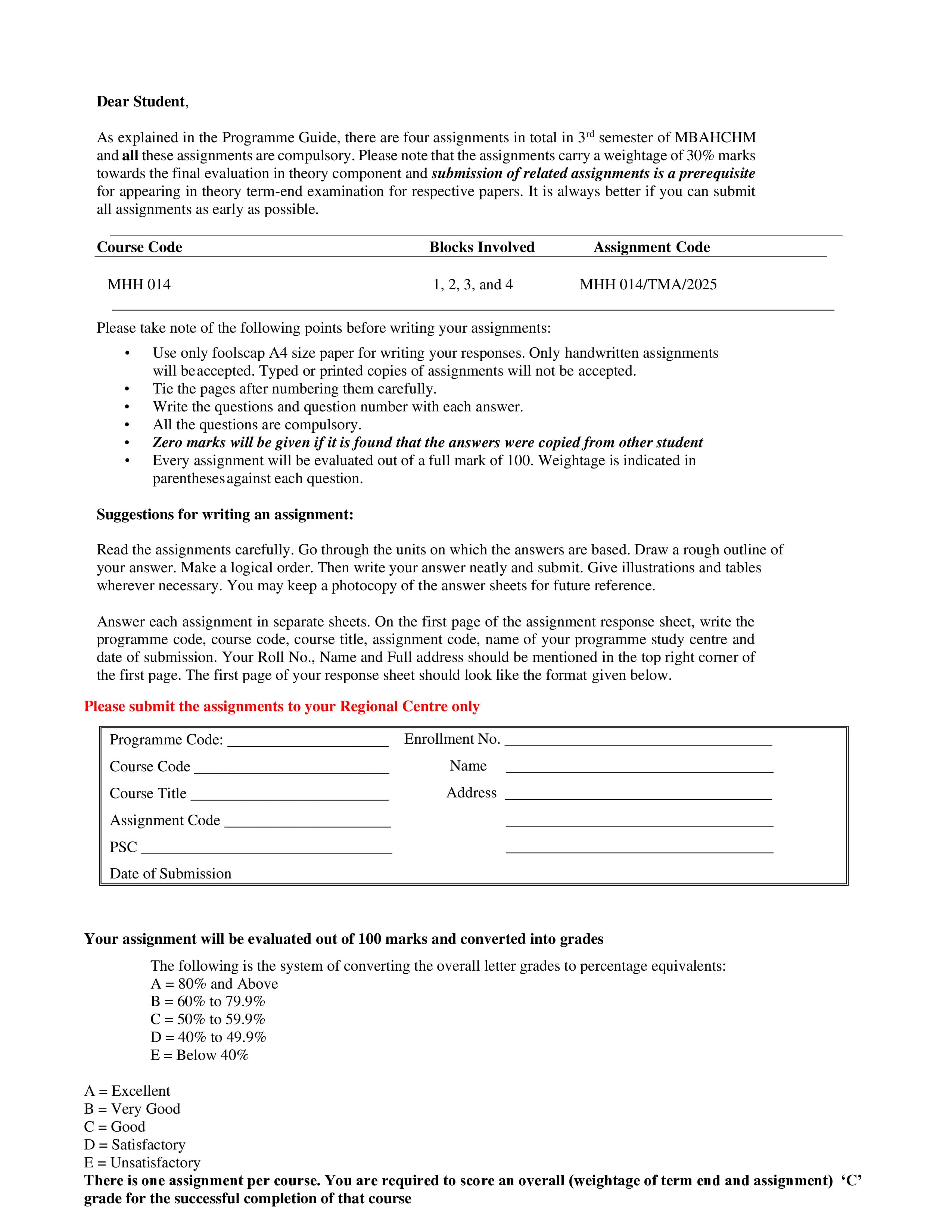 IGNOU MHH 014 Handwritten Hardcopy Assignment 2025-2026 (English Medium)