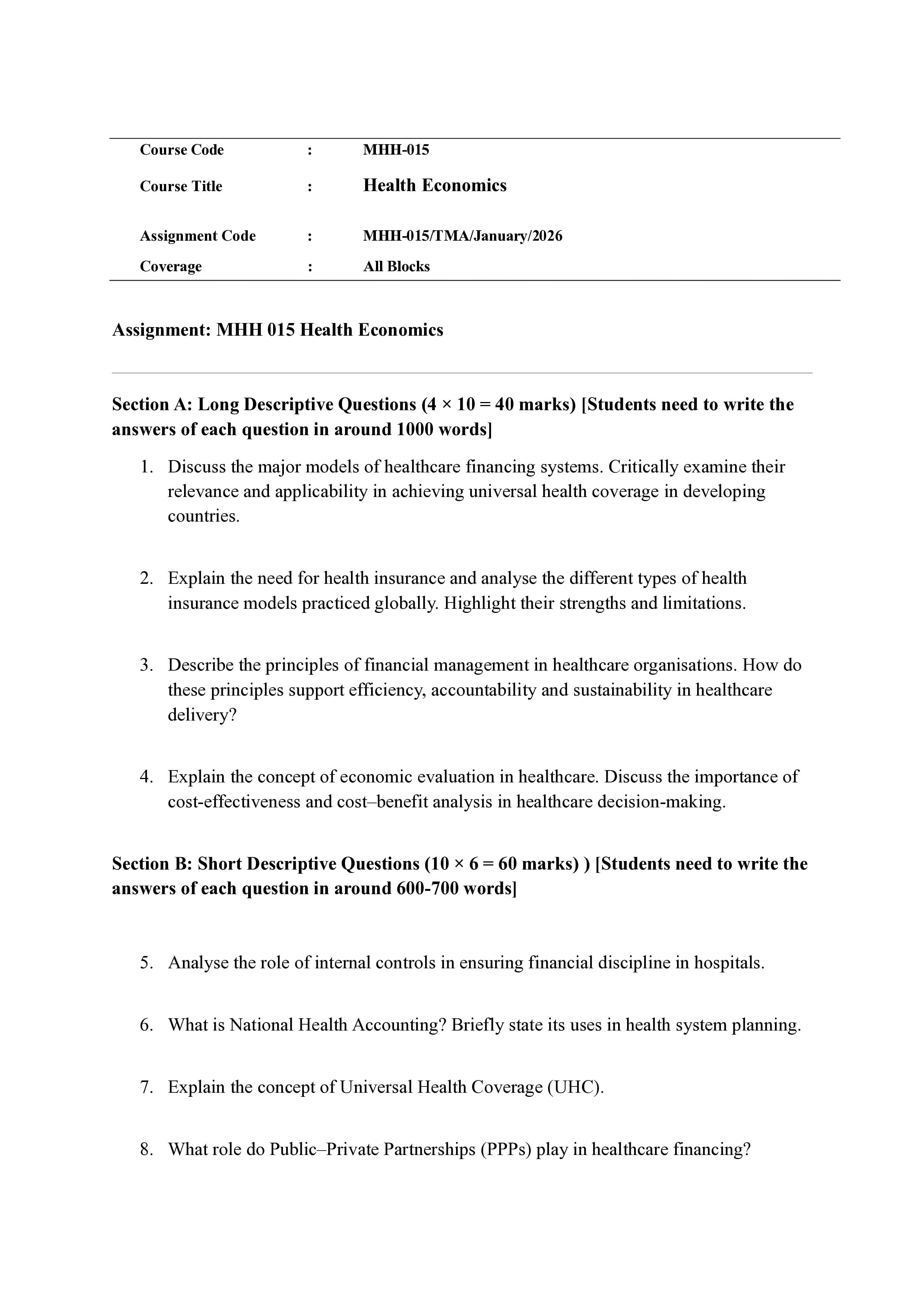 IGNOU MHH 015 Handwritten Hardcopy Assignment 2026-26 (English Medium)