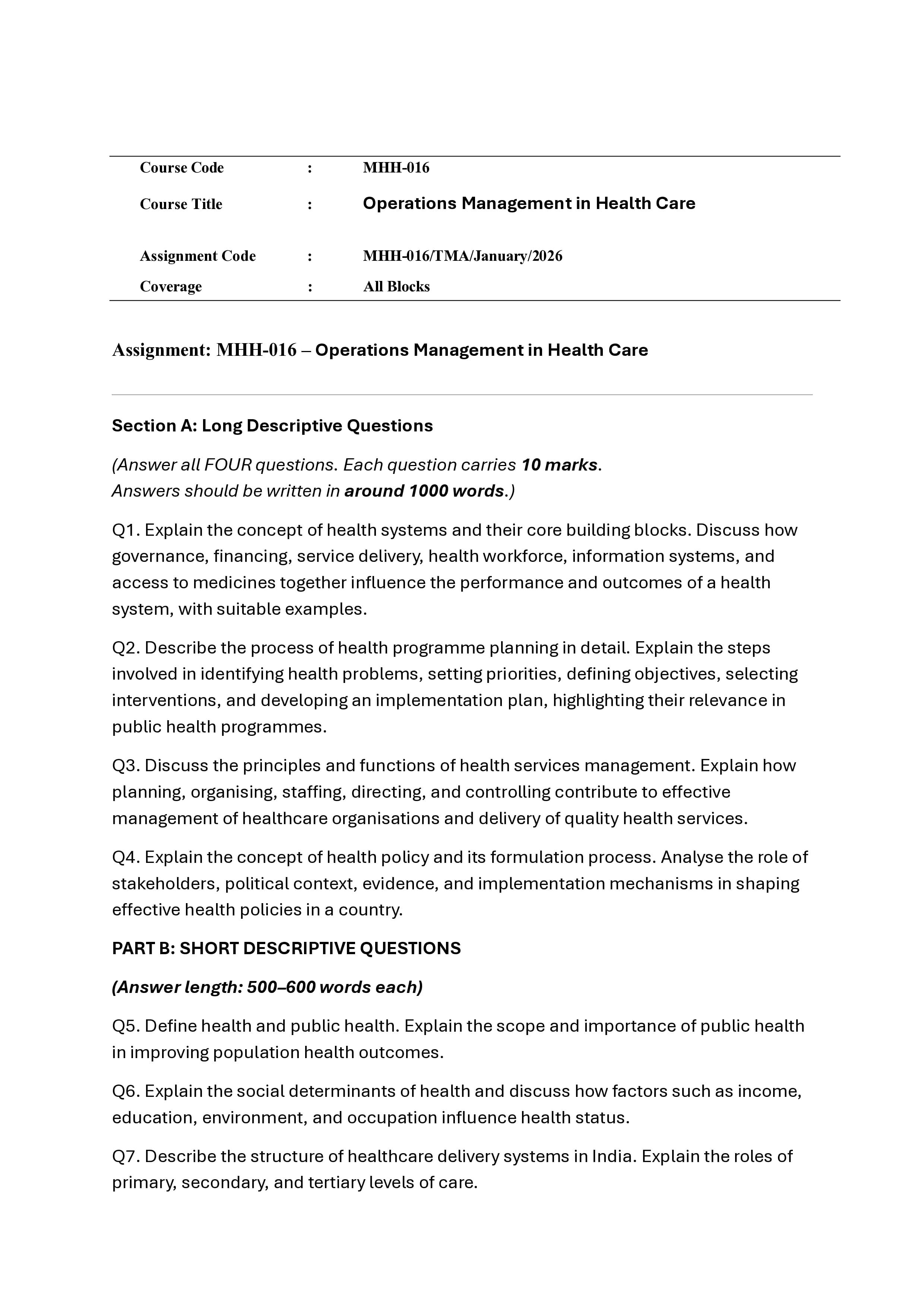 IGNOU MHH 016 Handwritten Hardcopy Assignment 2026-26 (English Medium)