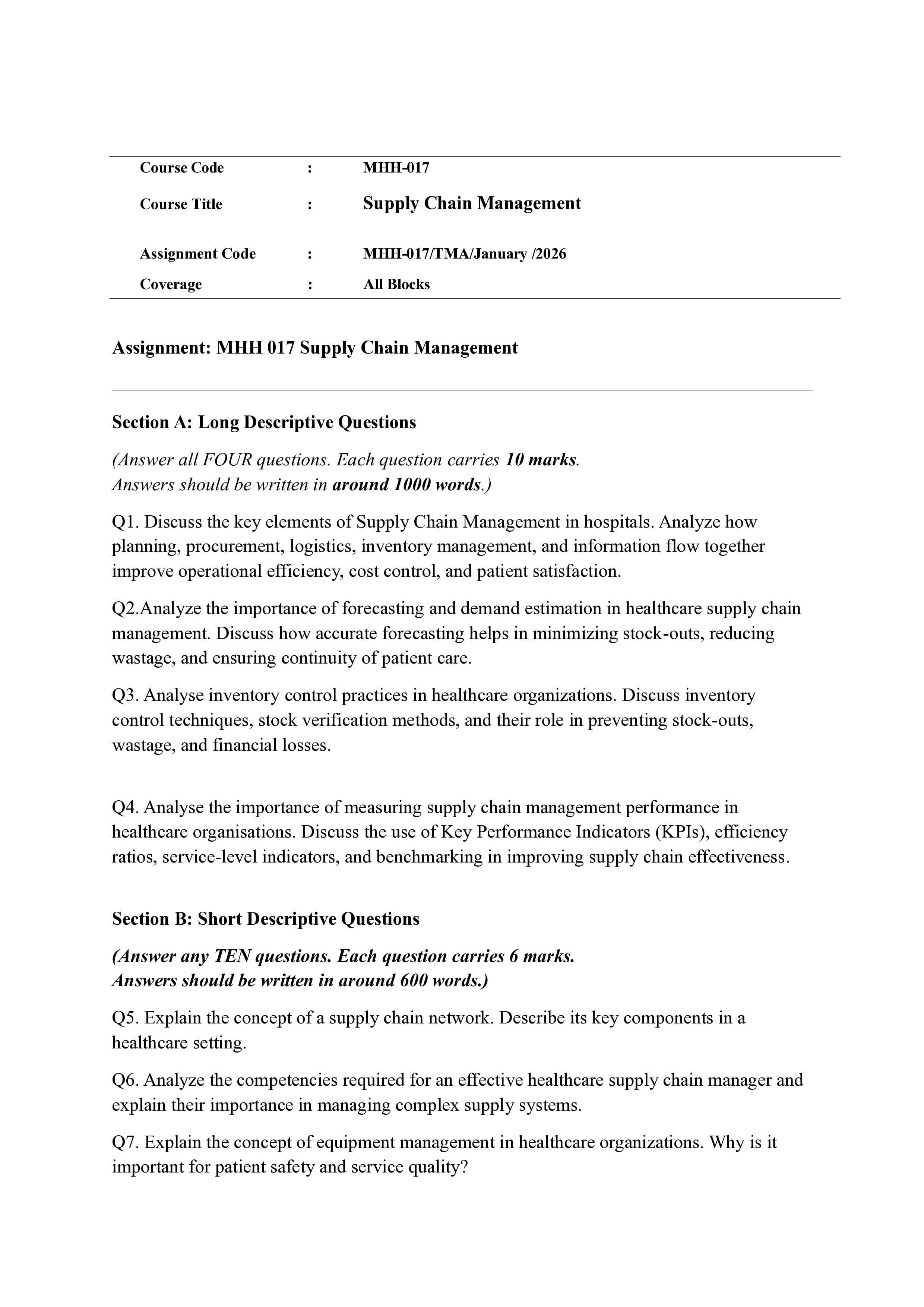 IGNOU MHH 017 Handwritten Hardcopy Assignment 2026-26 (English Medium)