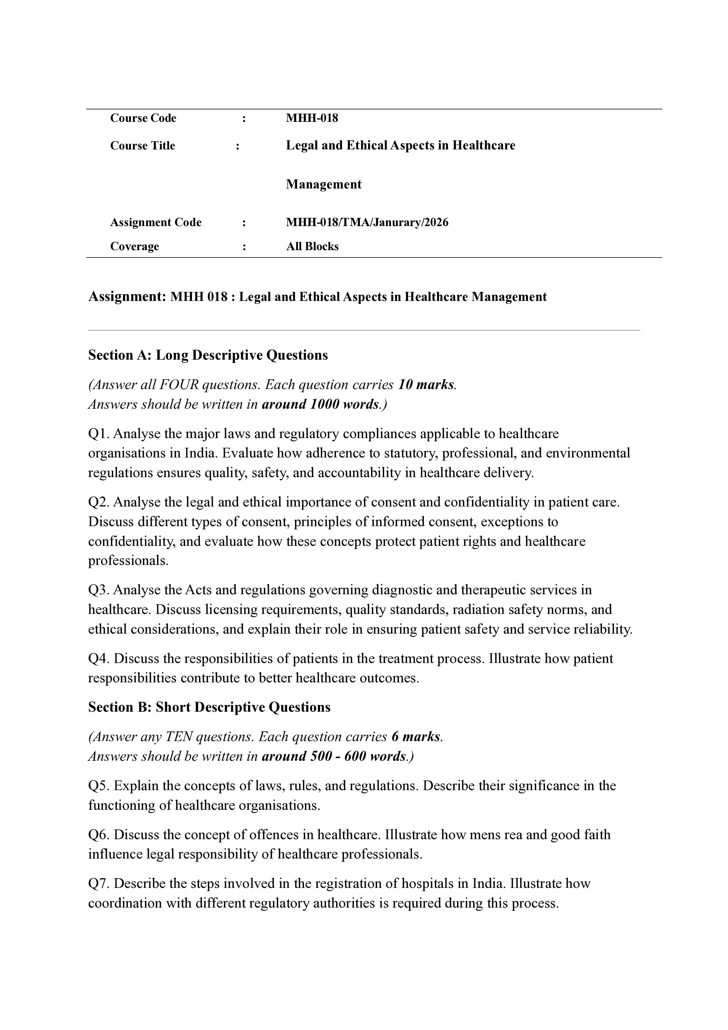 IGNOU MHH 018 Handwritten Hardcopy Assignment 2026-26 (English Medium)