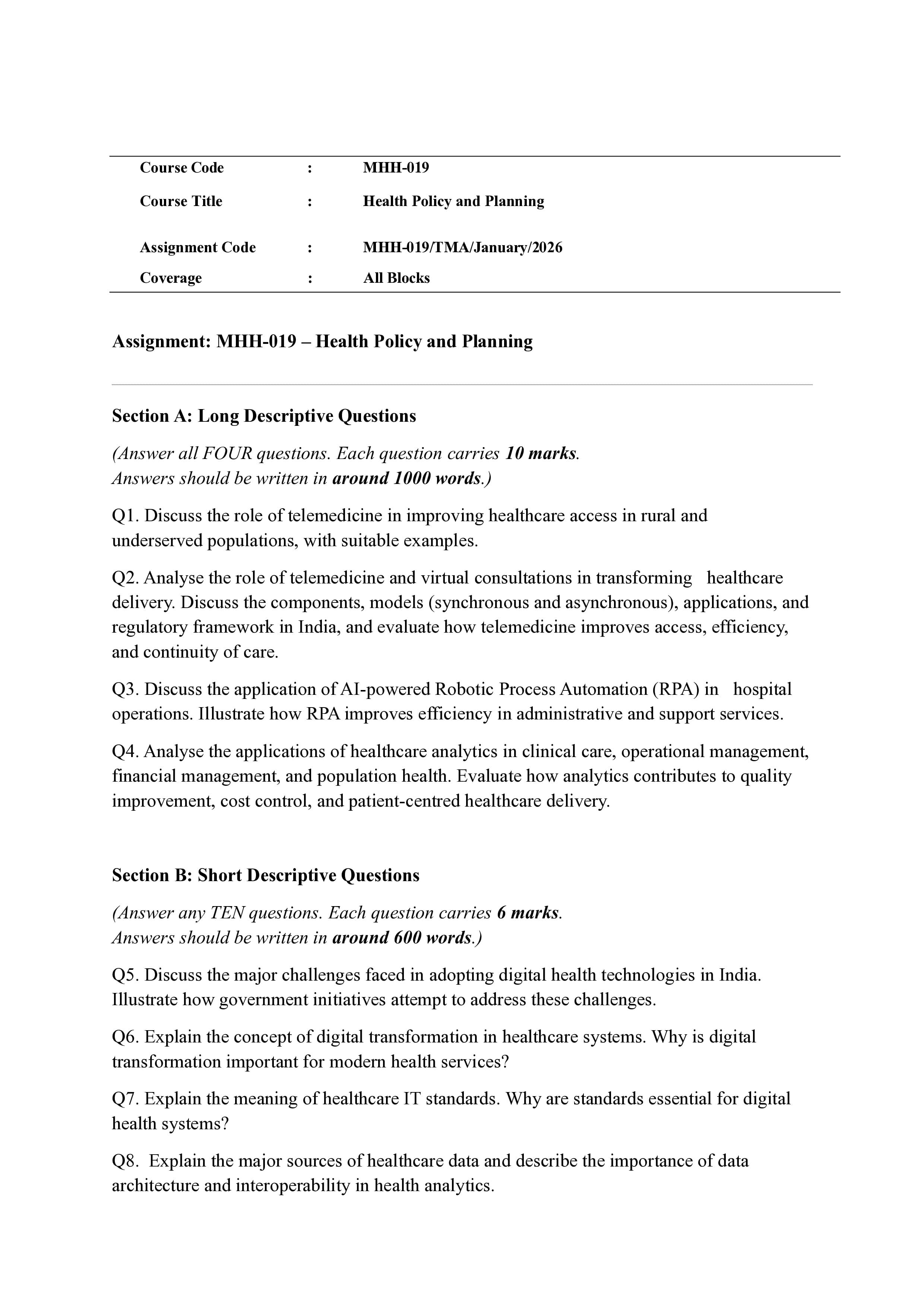 IGNOU MHH 019 Handwritten Hardcopy Assignment 2026-26 (English Medium)