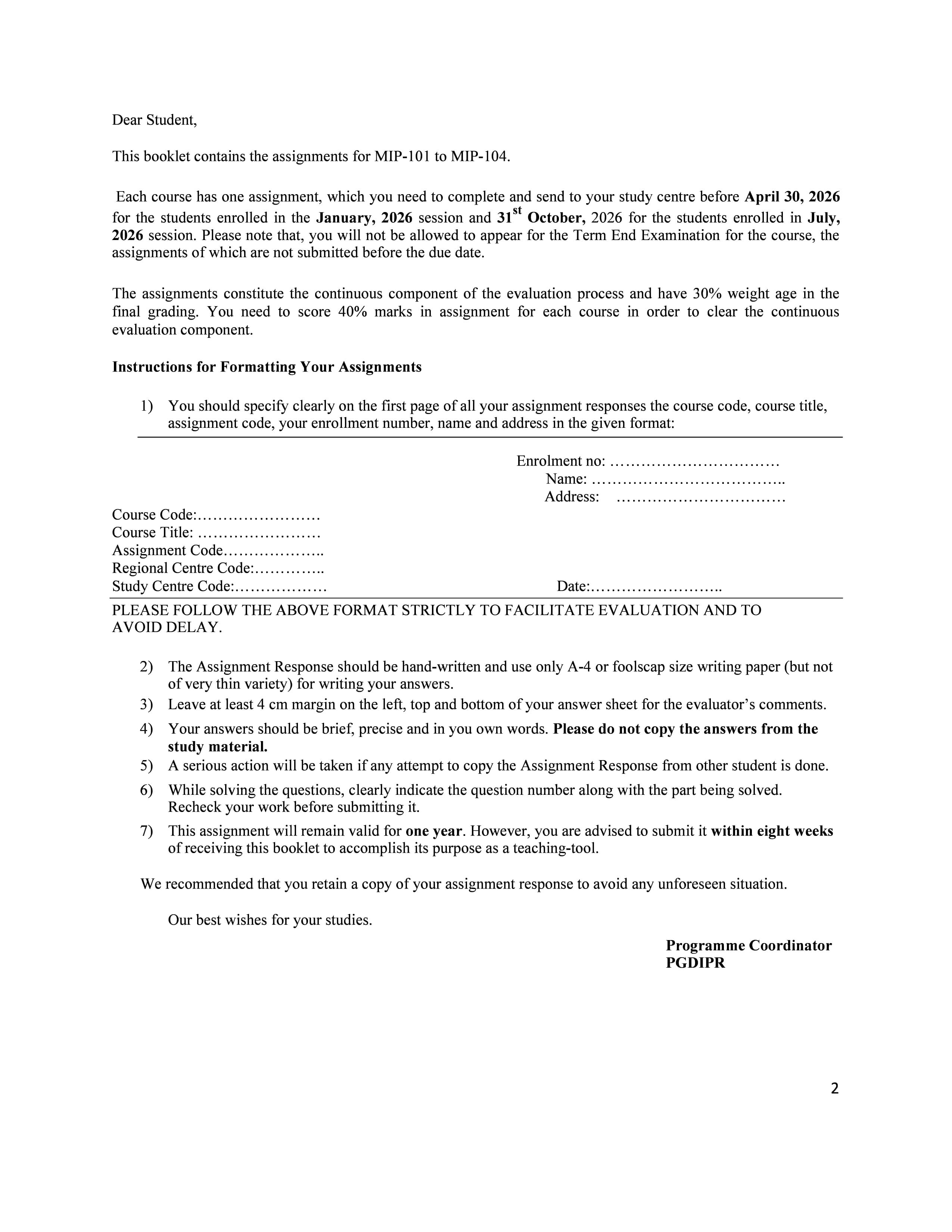 IGNOU MIP 104 Handwritten Hardcopy Assignment 2026-26 (English Medium)