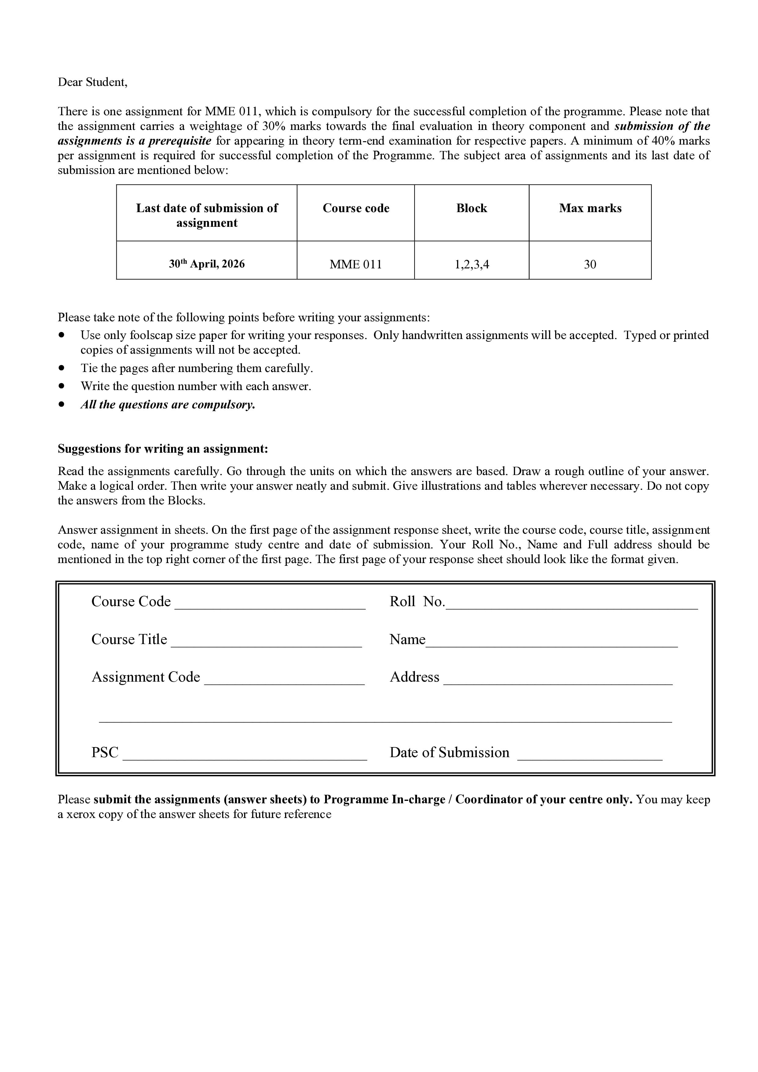 IGNOU MME 011 Handwritten Hardcopy Assignment 2026-26 (English Medium)
