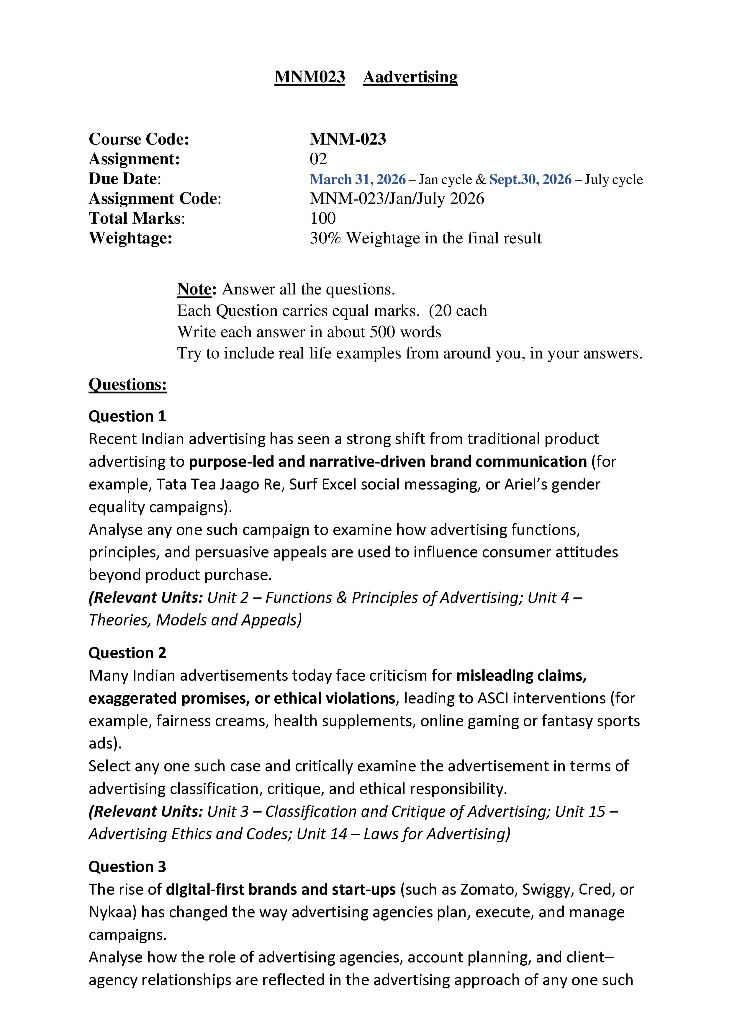 IGNOU MNM 023 Handwritten Hardcopy Assignment 2026-26 (English Medium)