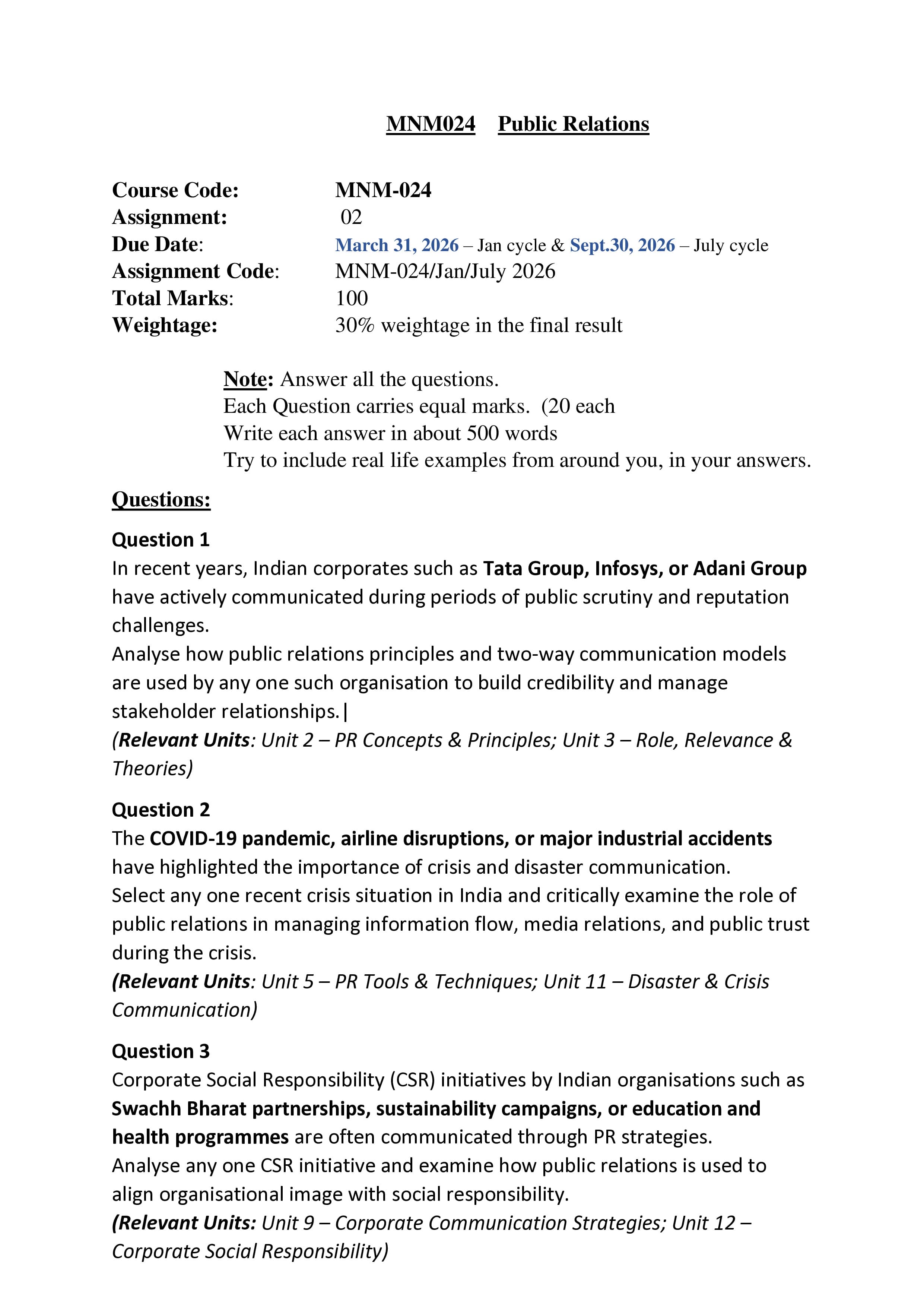 IGNOU MNM 024 Handwritten Hardcopy Assignment 2026-26 (English Medium)