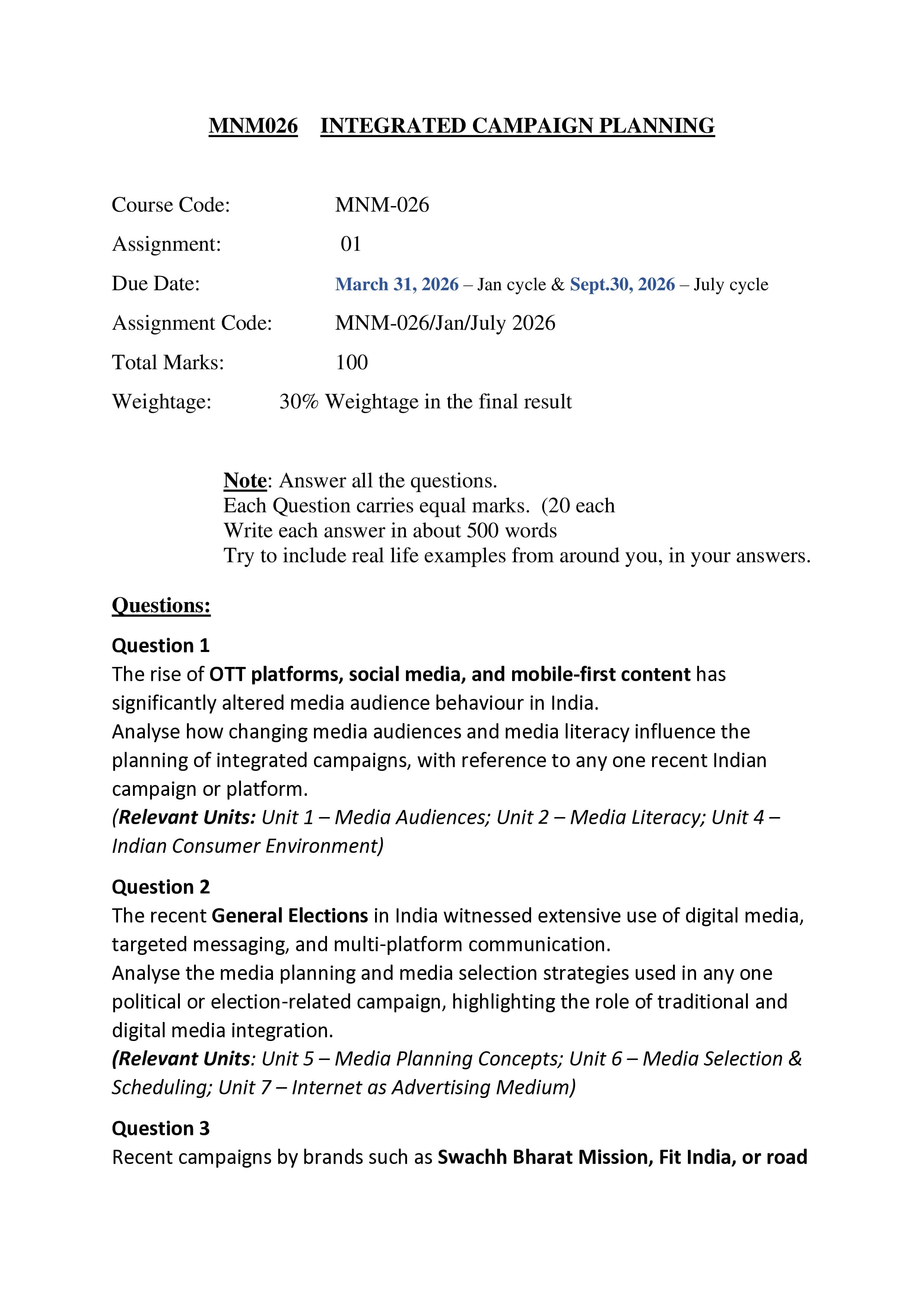 IGNOU MNM 026 Handwritten Hardcopy Assignment 2026-26 (English Medium)