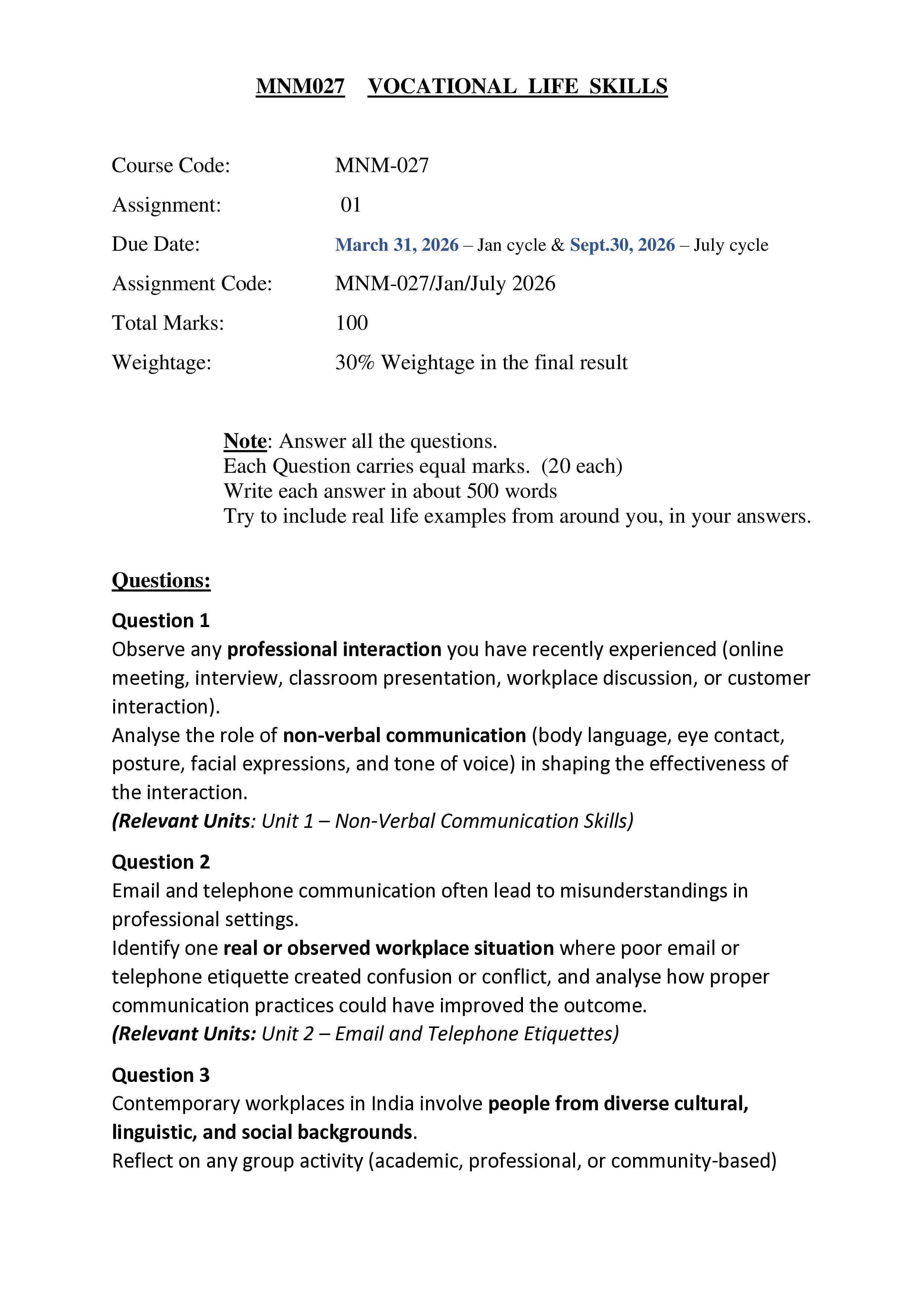 IGNOU MNM 027 Handwritten Hardcopy Assignment 2026-26 (English Medium)