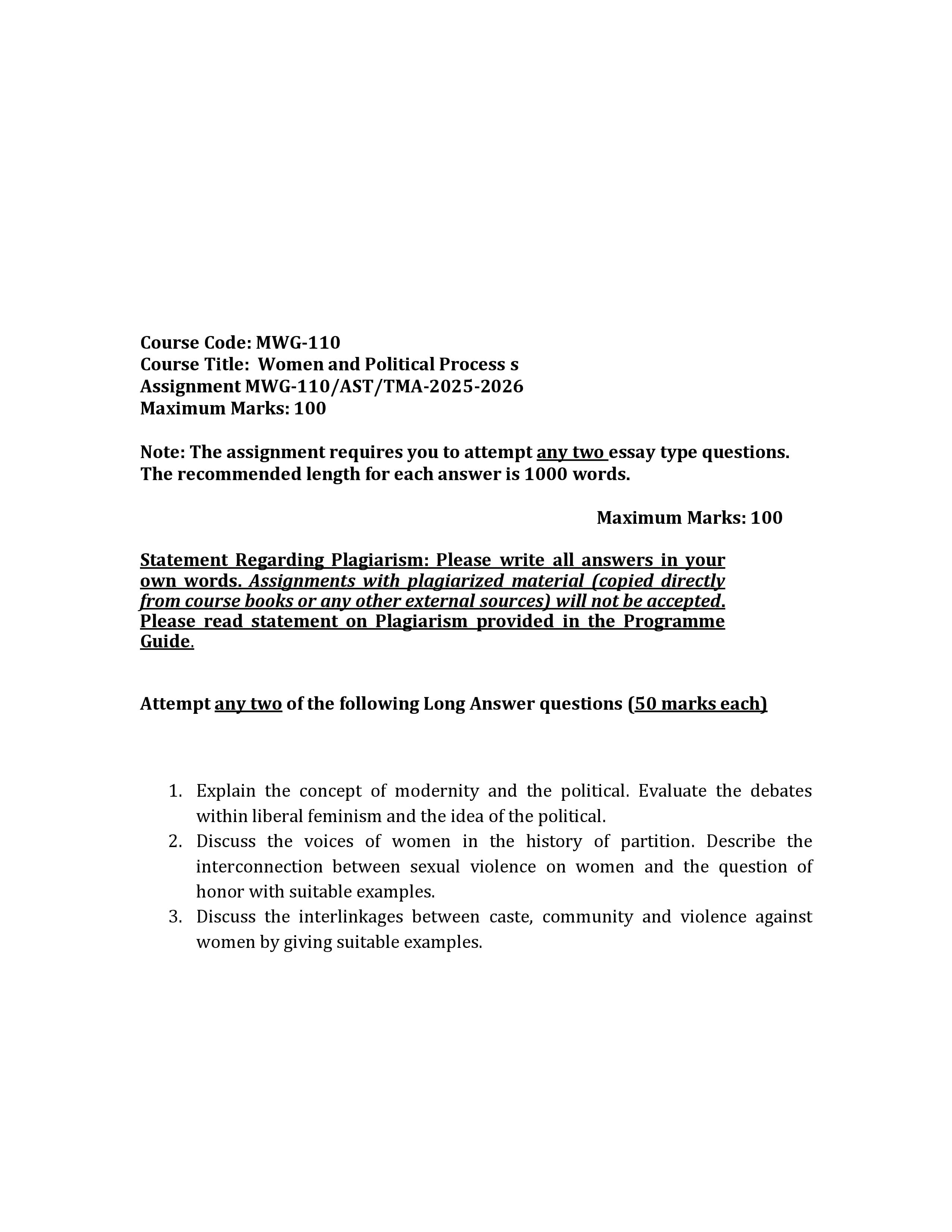 IGNOU MWG 110 Handwritten Hardcopy Assignment 2025-2026 (English Medium)